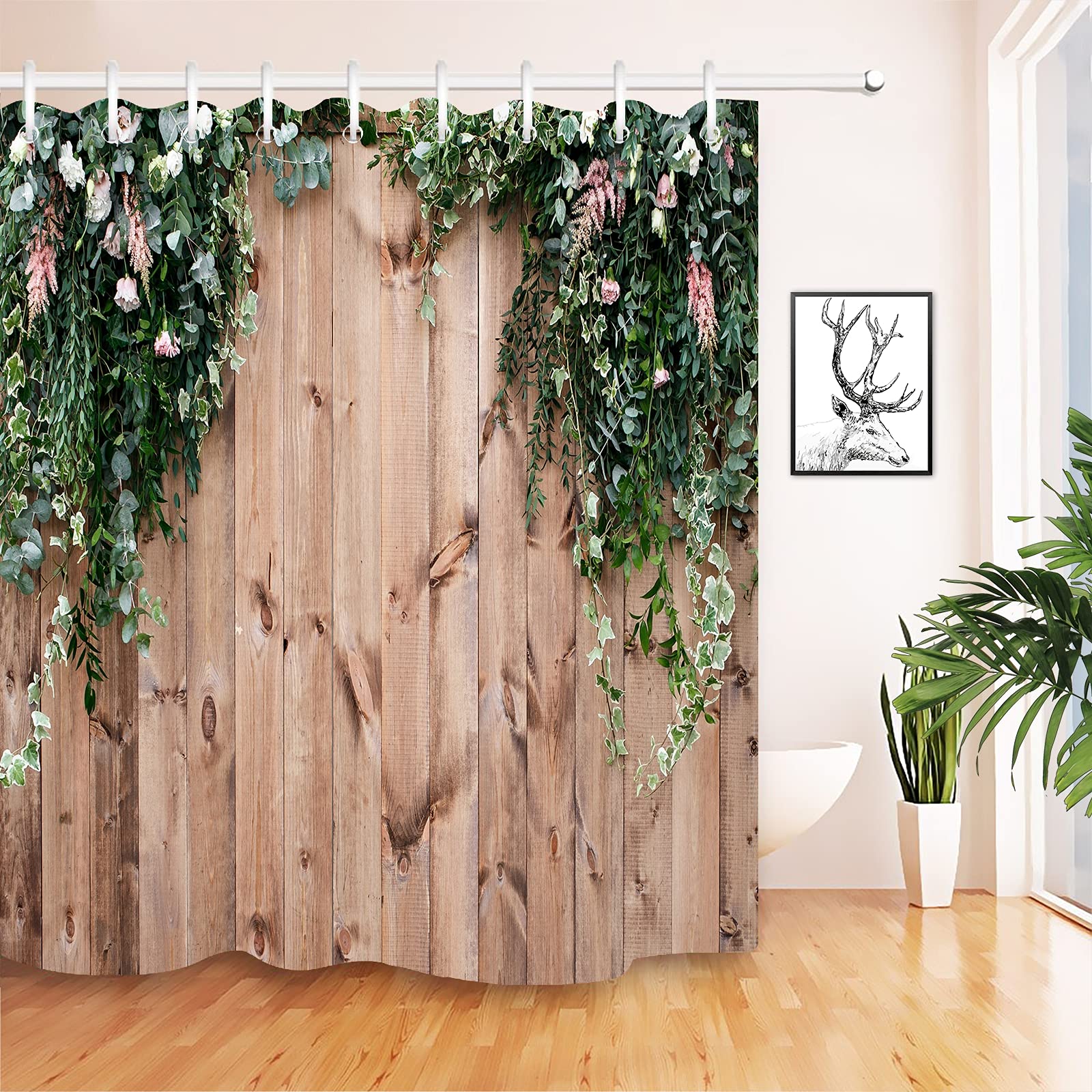 JOOCAR Bathroom Decorative, Wooden Fence Fresh Spring Greens Flowers and Leaf Plant on Wood Board - Image 2