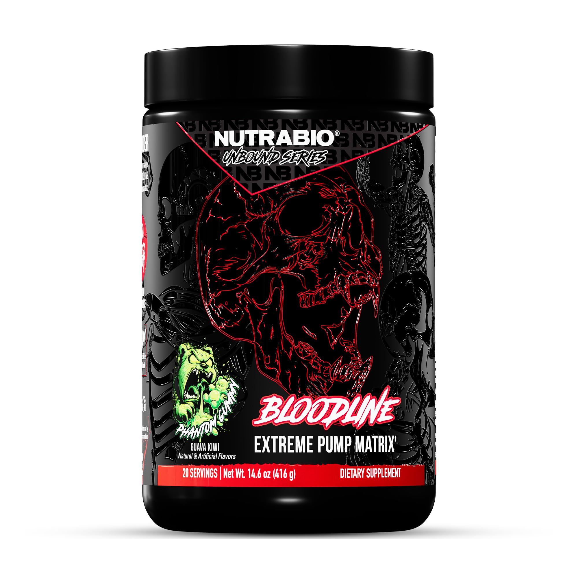NutraBio Bloodline-Pump Pre Workout Pump Matrix- L-Citrulline, Glycerol, PeptiPump- NO Booster, Extreme Vascularity & Blood Flow,Hydration,Non Stim PreWorkout,Caffeine Free-Phantom Gummy-20 Servings