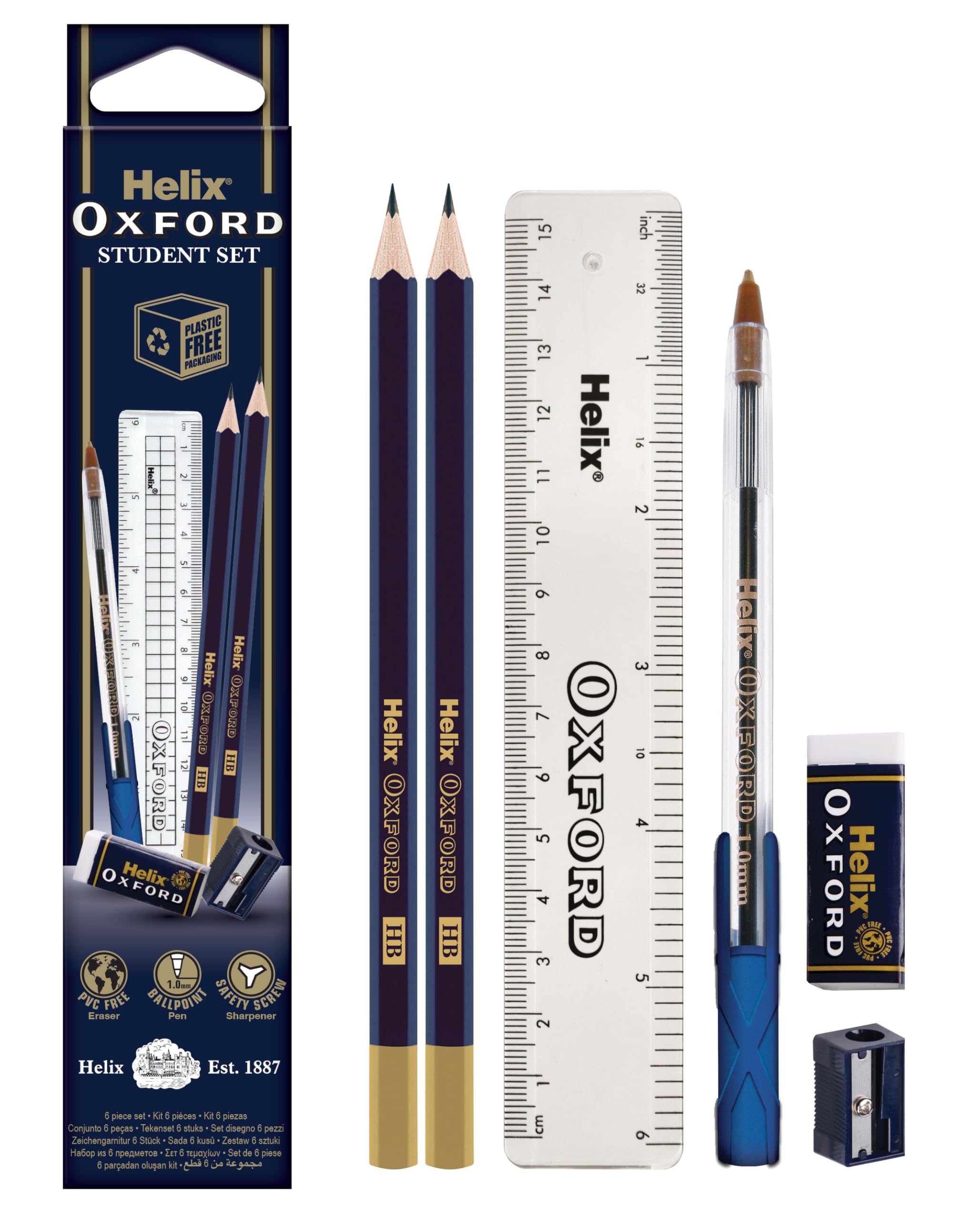 Helix Oxford Student Stationery Set - Essential student school accessories - Ruler, Eraser, Pencil Sharpener, Pencils + Ballpoint Pen - School Supplies