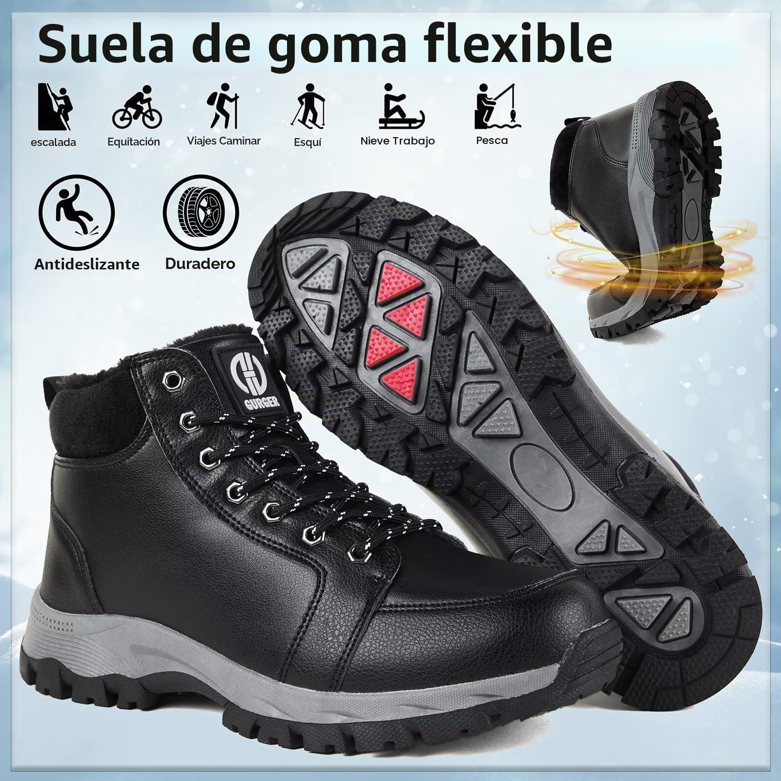 Botas Hombre Invierno Forro Cálido Impermeable Botines de Nieve de Cuero Trekking Zapatos de Senderismo