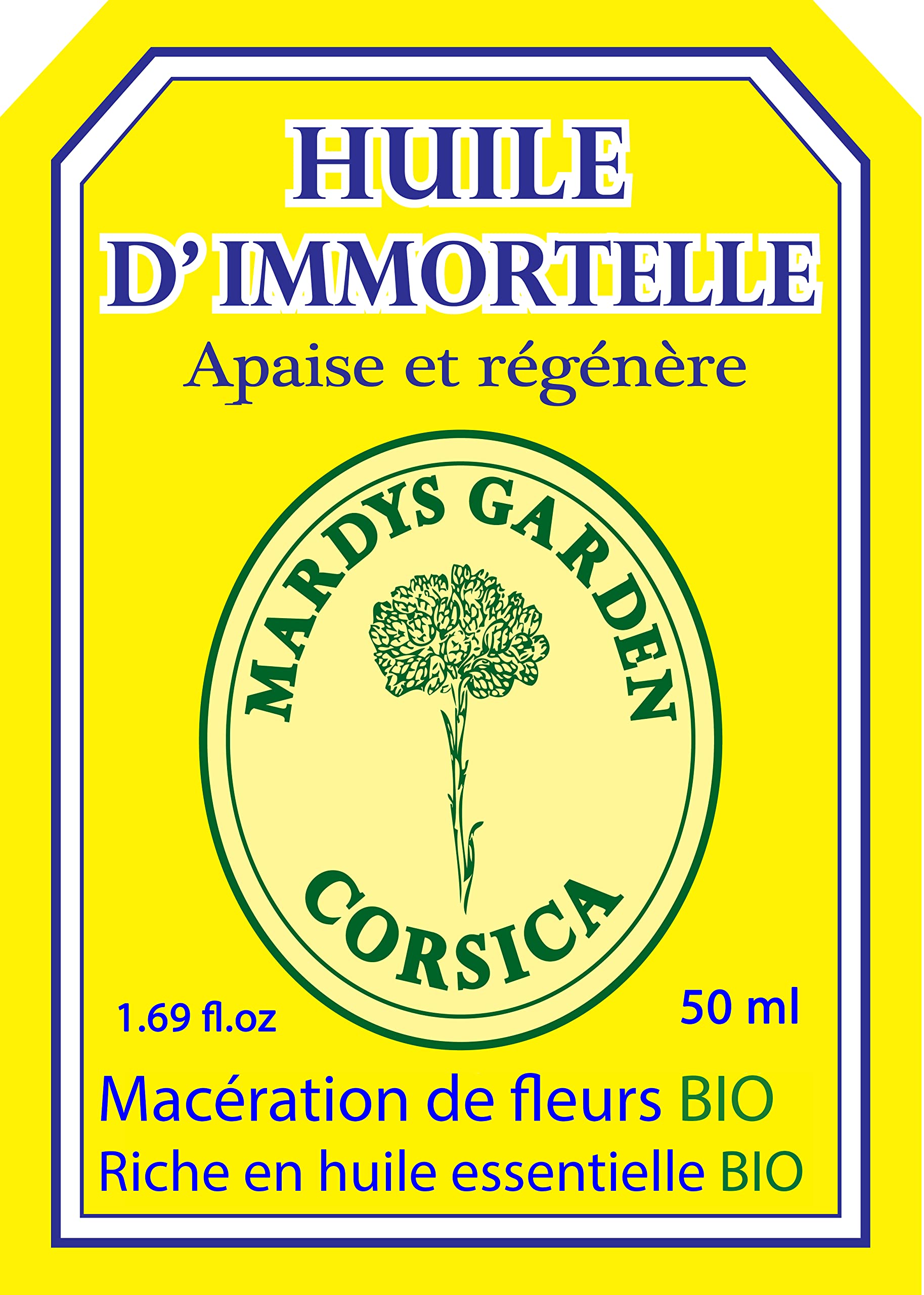 Huile d'immortelle Corse 50ml. Prête à l'emploi, macérât de fleurs riche en huile essentielle d'immortelle Bio.