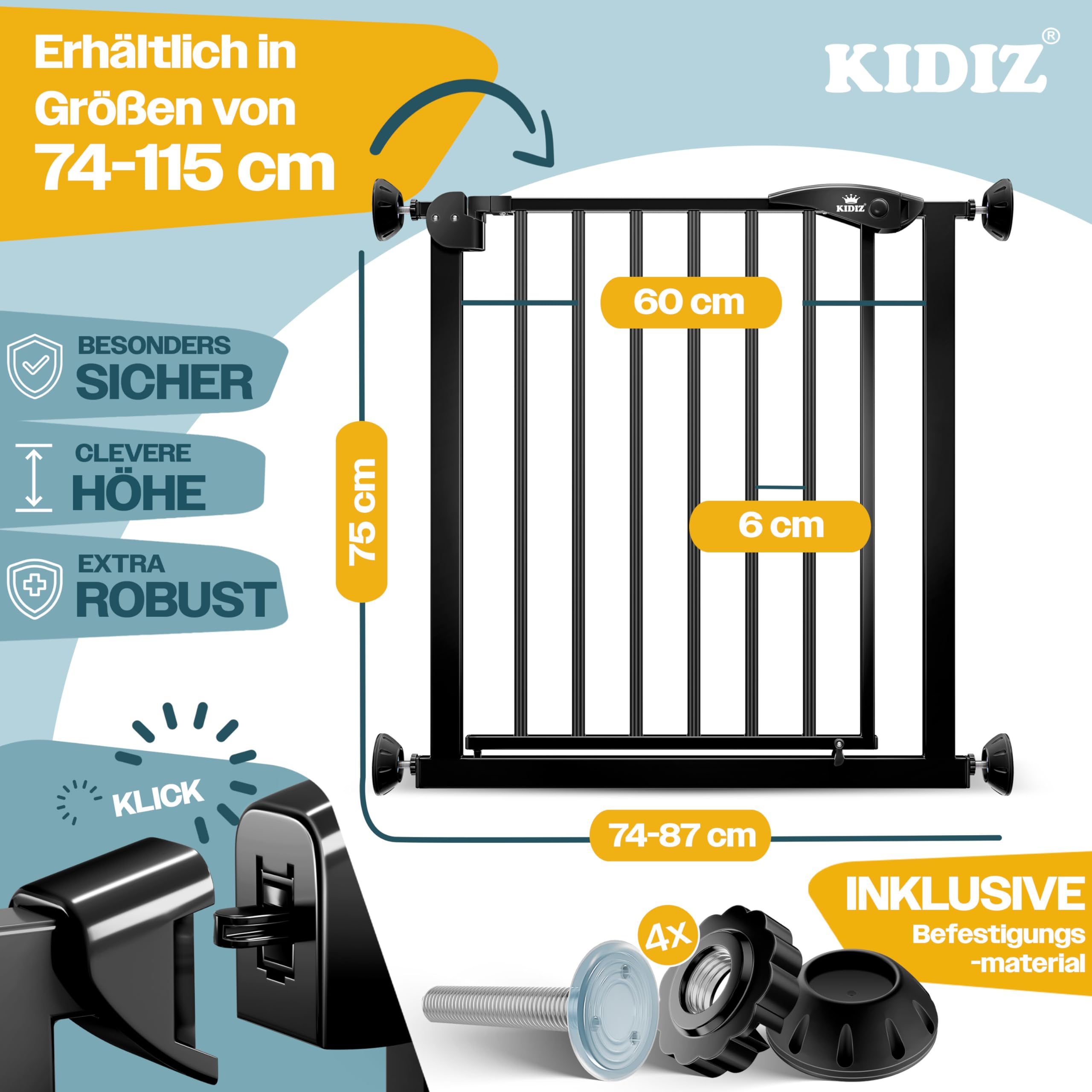 KIDIZ® Griglia di protezione per porte e scale, per bambini, senza forature, orientabile su entrambi i lati,