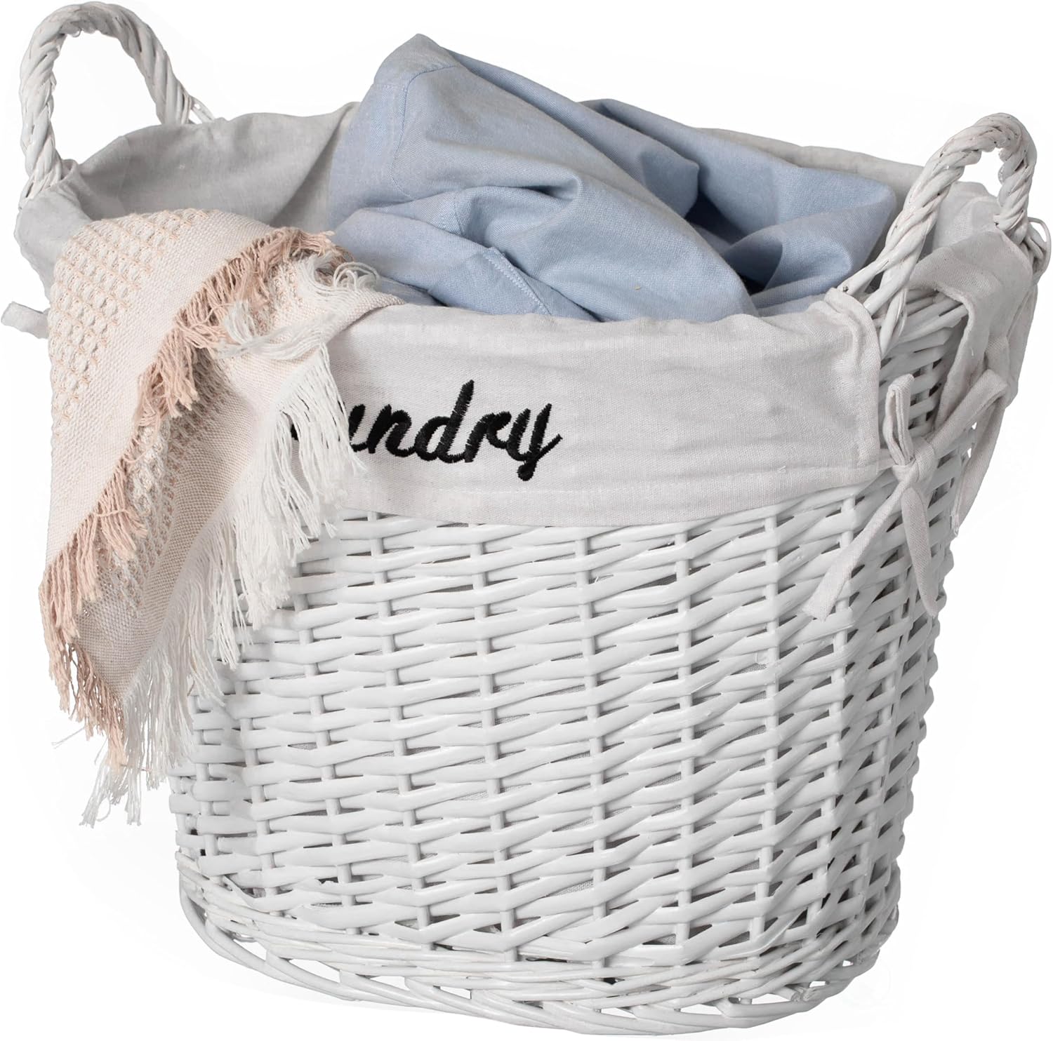 Handwoven Laundry Basket with Liner & Handles - Boho Decorative Storage Hamper for Clothes Blankets Pillows and Towels - Ideal for Laundry Room Bathroom Bedroom and Living Room, White