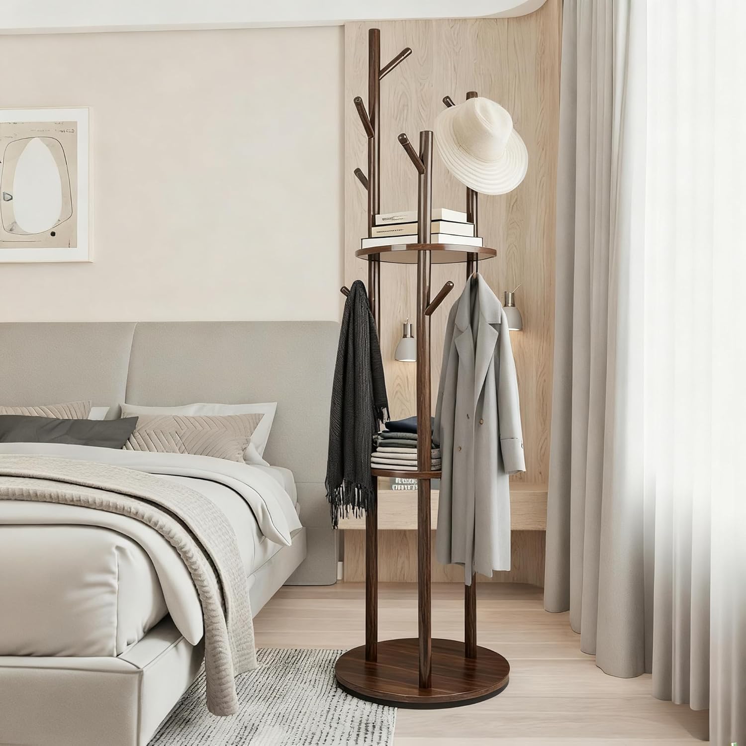 Rotary Wood Coat Rack Hanger Stand Freestanding Clothes Coat Tree with 3 Shelves and 9 Hooks for Entryway Bedroom Livingroom Office Corner