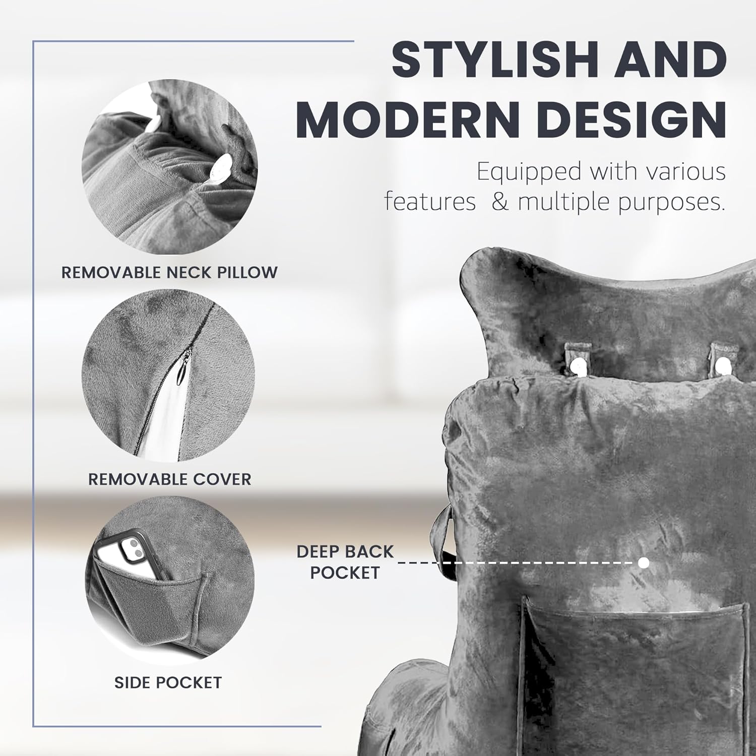 VASHIE Premium Large Gaming and Reading Pillow – Plush Grey Cushion Exceptional Lap and Arm Support, Perfect for Extended Desk Work, Gaming Sessions, and Relaxation