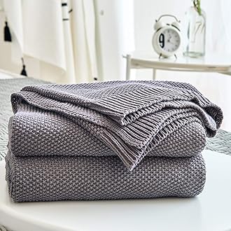 Longhui bedding Dark Grey 100% Cotton Lightweight Cable Knit Throw Blanket for Couch Sofa Bed Home Large Decorative, Bonus Laundering Bag, Dark Gray 60 x 80 Inch, Machine Washable