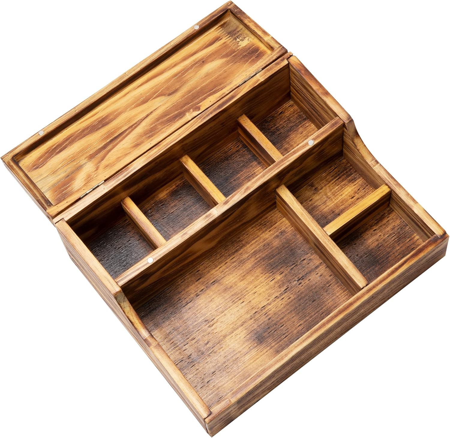 Mind Reader Nightstand Valet Tray, Phone Watch Holder, Bedroom Desk Organizer, Cosmetic Accessory Storage, Jewelry Box with 7 Compartments, Burnt Wood, Brown 12" x 10" x 4.5" : Clothing, Shoes & Jewelry