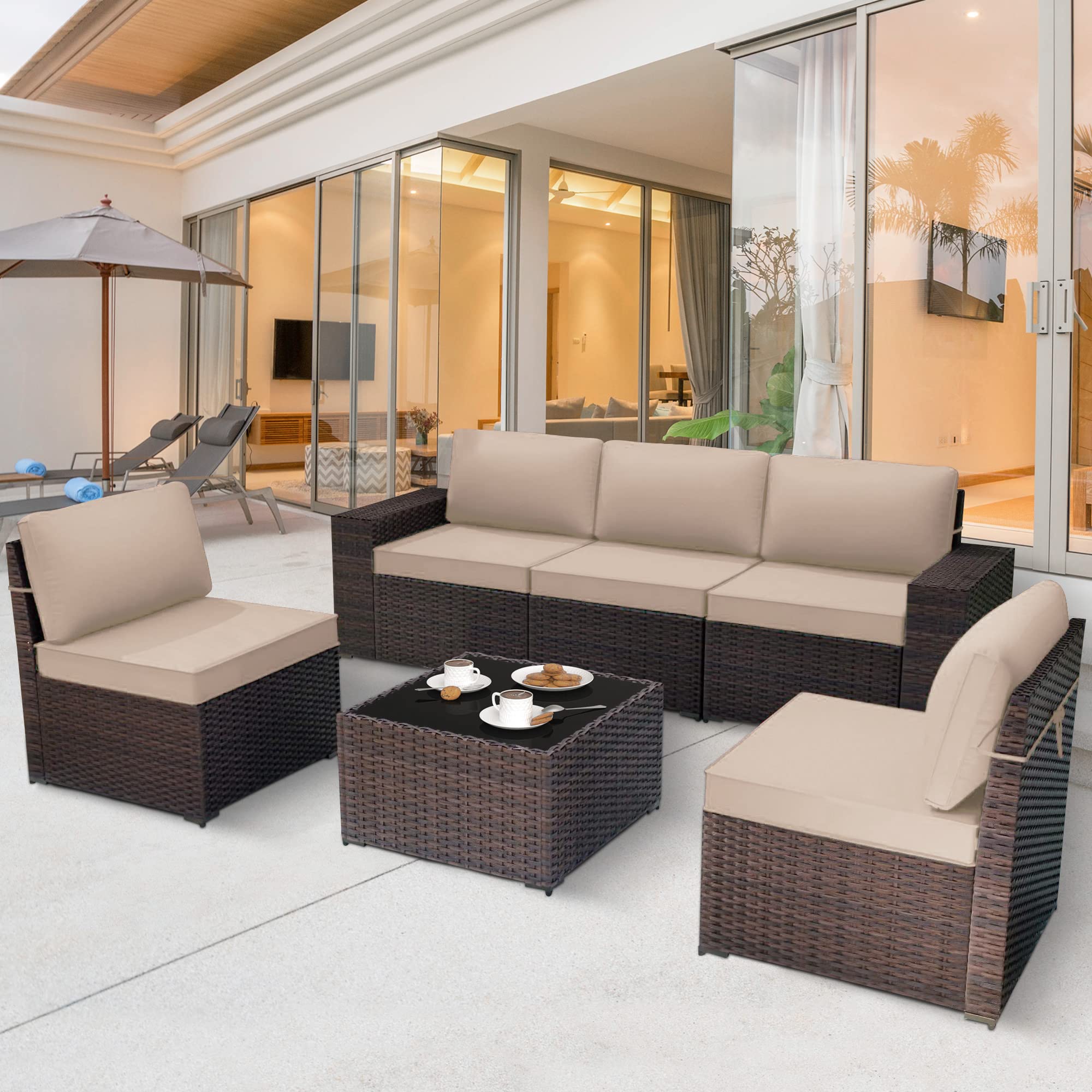 GREZJXC 6 Pieces Outdoor Patio Furniture Set Wicker Sectional Sofa with Cushions & Tea Table Patio Rattan Conversation Chair Sofa Set Beige