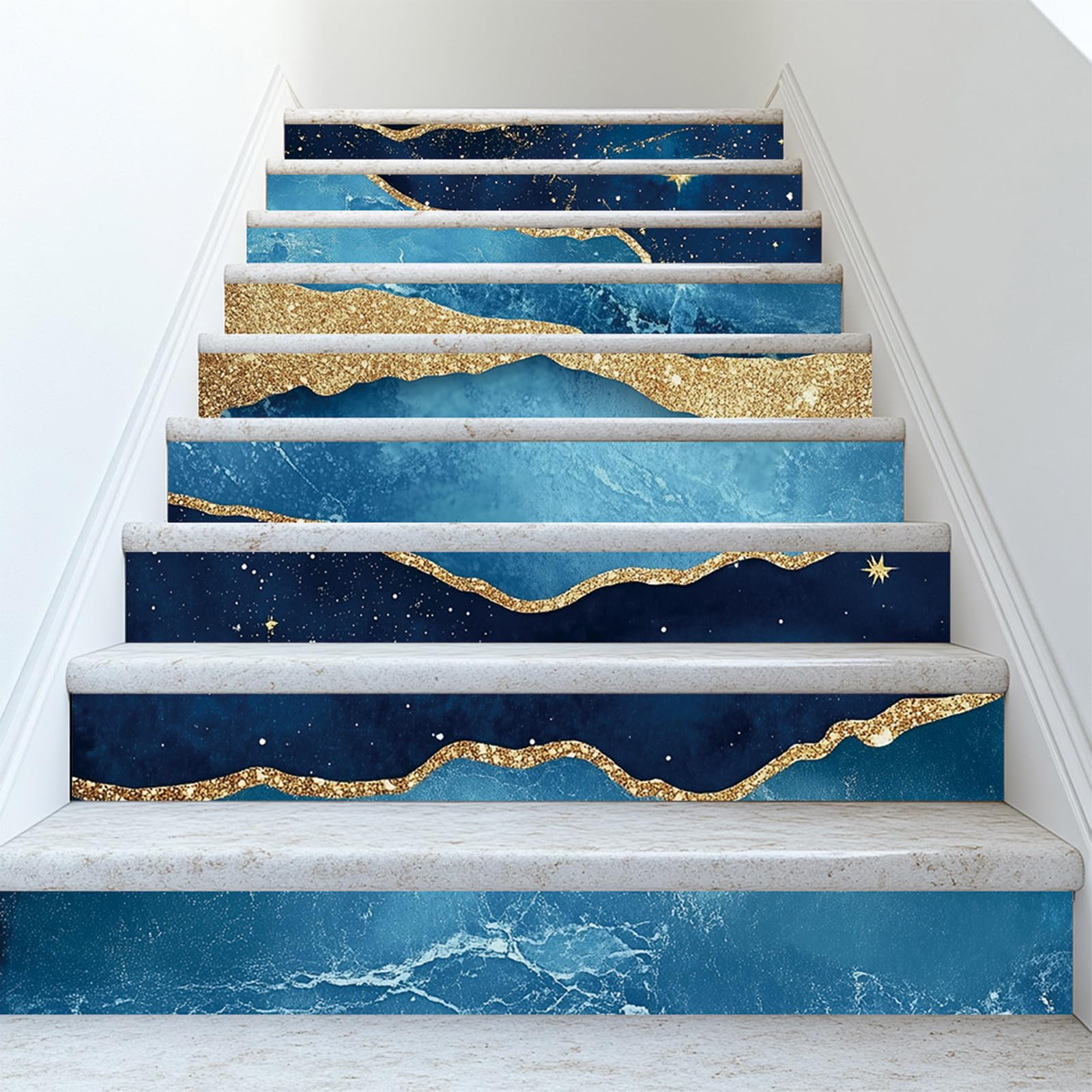Adhesivo de mármol azul para escaleras PLIGREAT, 15 tiras de vinilo autoadhesivo de 18x100 cm