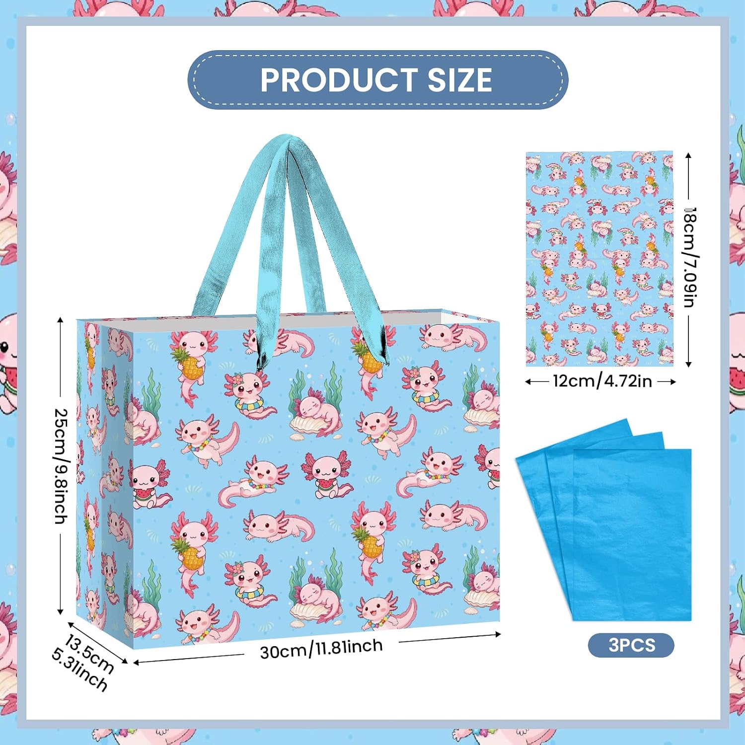 Axolotl Gift Bag Blue Axolotl Birthday Gift Wrapping Paper Bag Large with Blue Tissue Paper Greeting Card Cute Pink Axolotl Party Favors for Kids Girls Boys Underwater Party Decorations Supplies image 4
