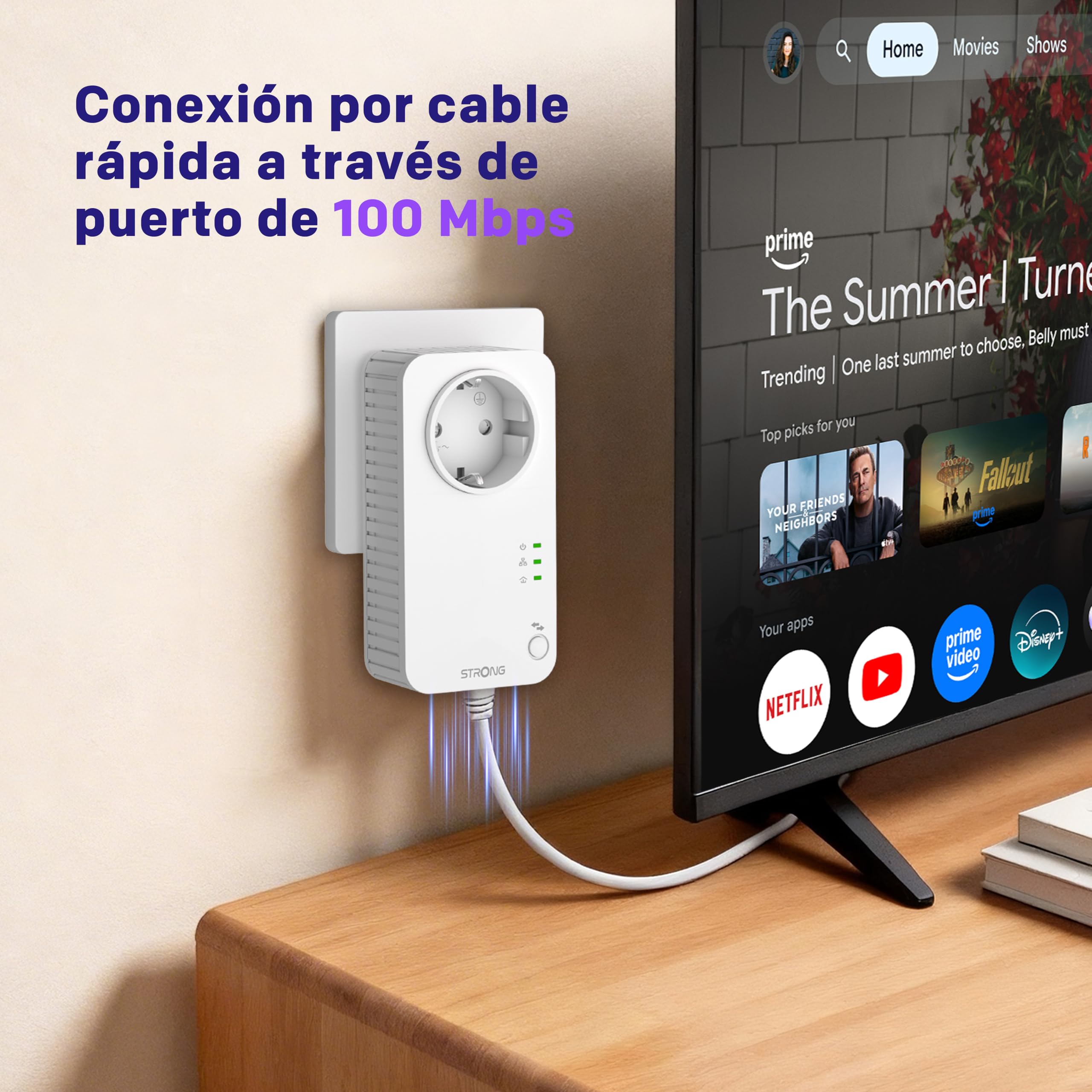 Strong AV600 Adaptador Powerline Set con Enchufe, PLC HomePlug AV2, Plug & Play, Enchufe Integrado, Modo de Ahorro de Energía, Puertos LAN 100 Mbit/s, Sin WiFi, Internet por Red Electrica