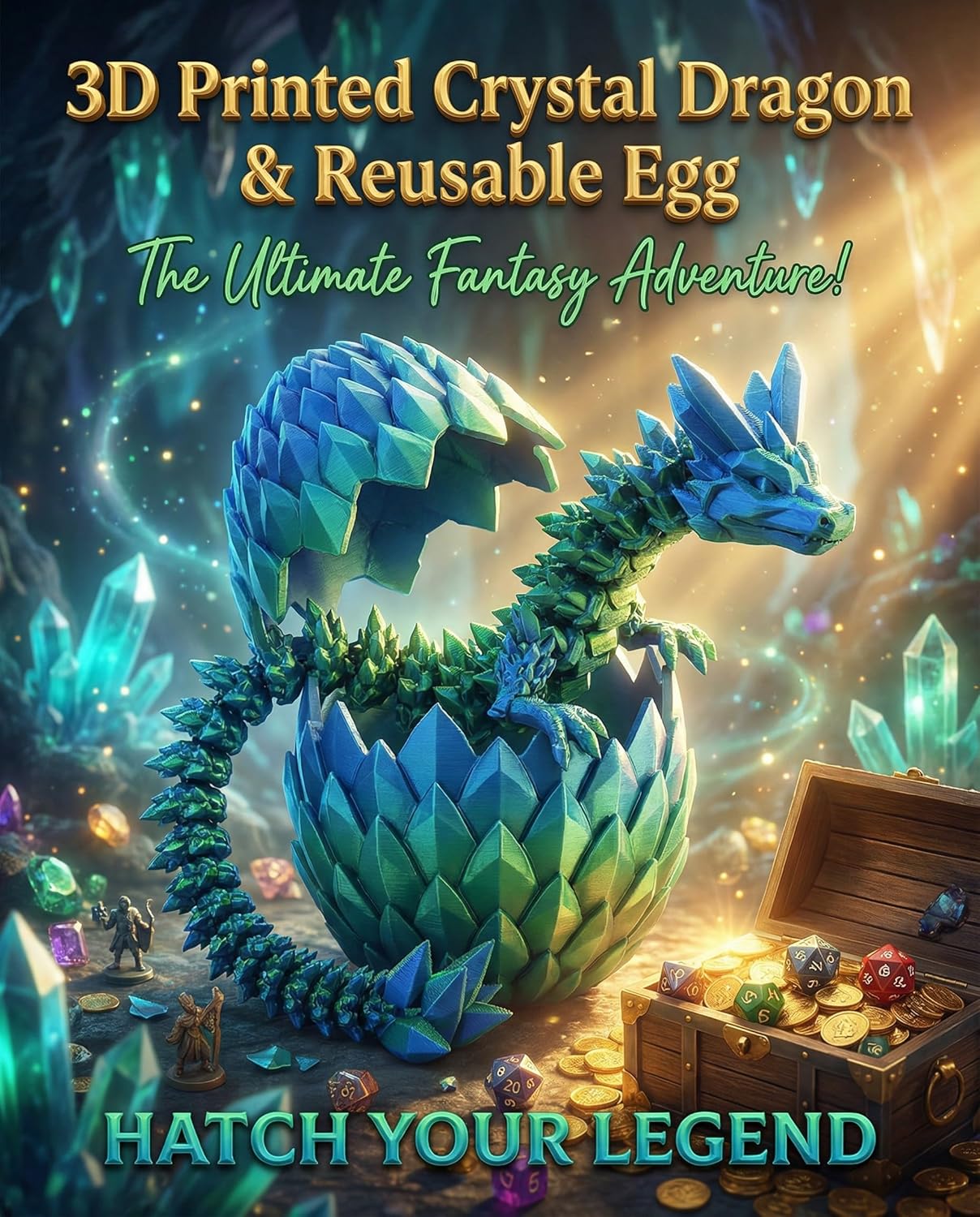 3D-Printed Toys: Dragon Egg with Poseable Blue-Green Dragon – Hatchable & Reusable for Fantasy Gifts, Kids 6-12, Collectors & Fidget Play (Bluegreen) - Image 2