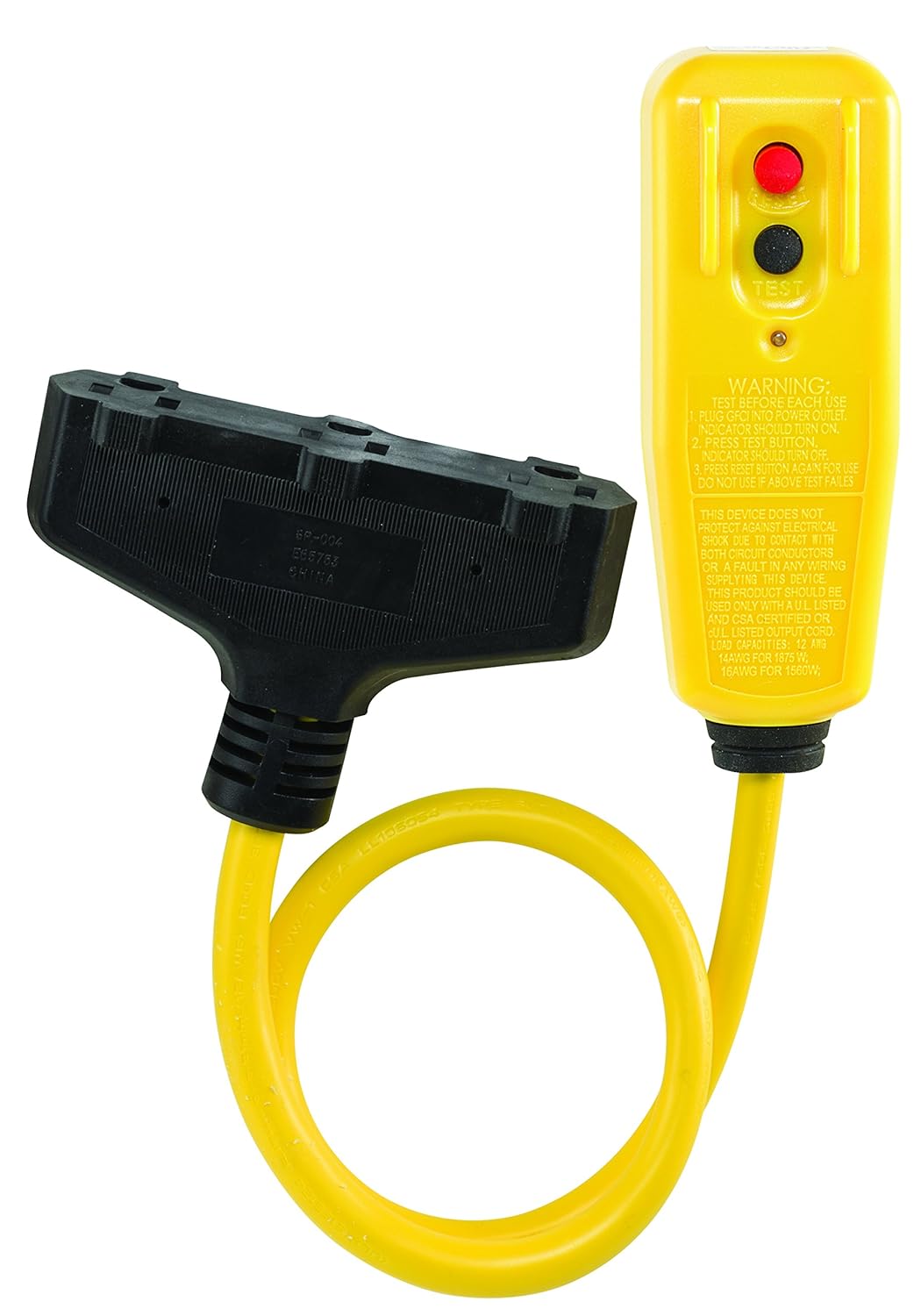 Tower Manufacturing 30434008 Auto-Reset 15 AMP Right Angle GFCI Triple Tap Cord, 2 Feet, Yellow