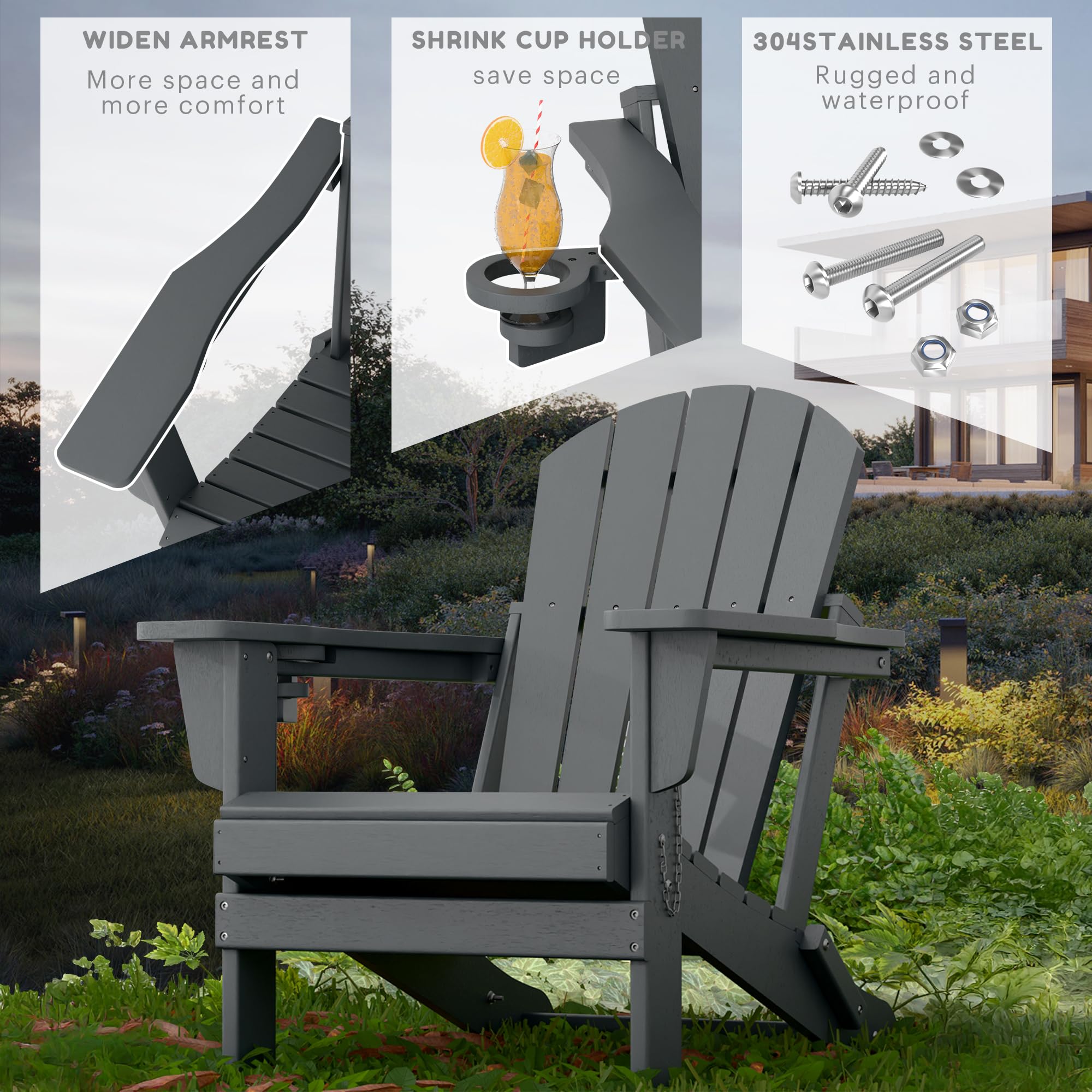 M MIDOULANDEXTYT Adirondack Stuhl,HDPE-Wetterfester Klapp-Adirondack-Stuhl mit Becherhalter für Garten,Terrasse,Hinterhof,Patio(Grau)