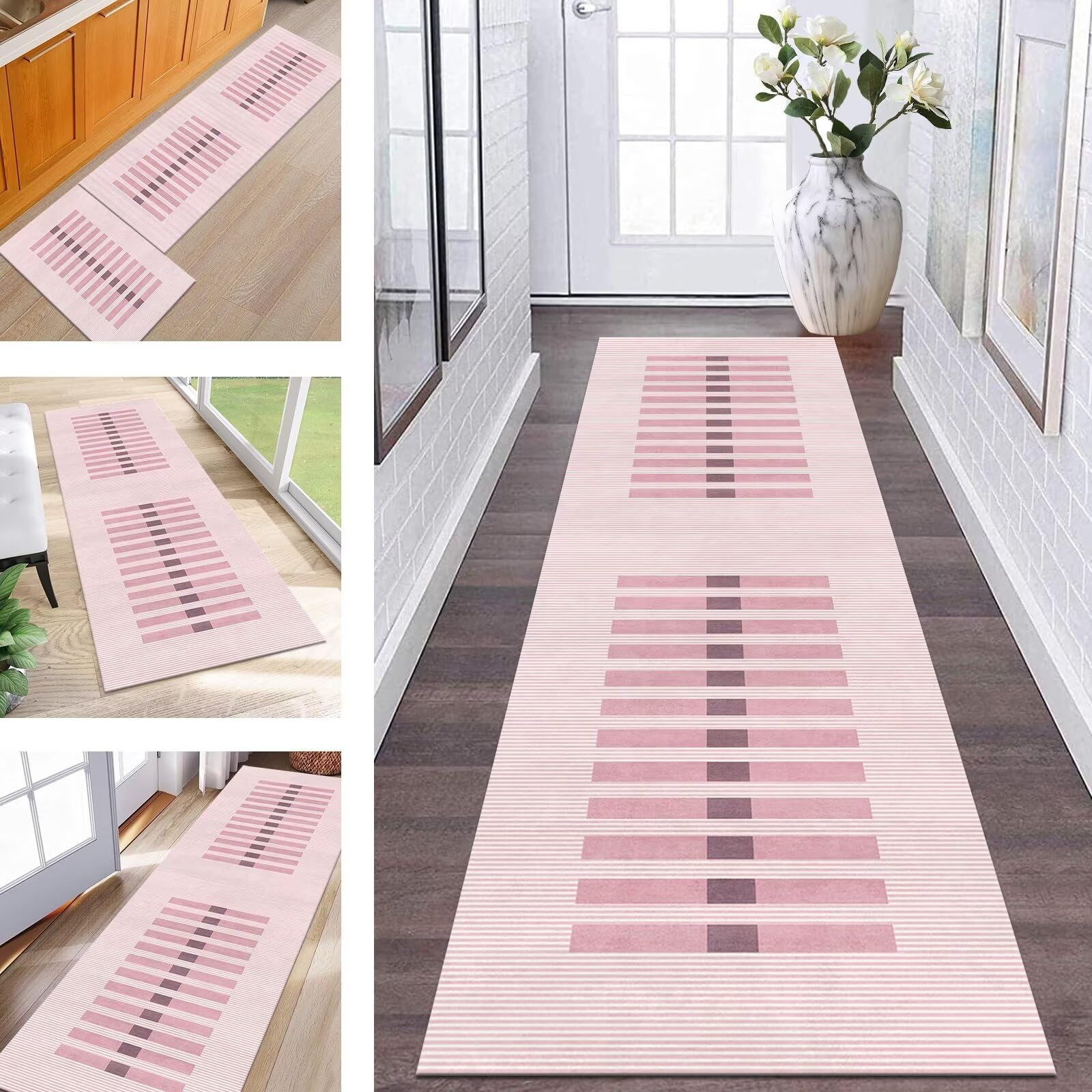 Tapis de couloir 120 x 450 cm rose-rouge antidérapant et lavable