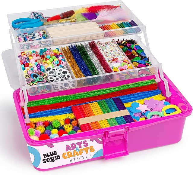 Blue Squid Arts & Crafts Box (Pink)- 2800+ pcs Deluxe Craft Supplies Box, 2 Drawers, 18 Compartments, Sturdy Handle - Art Crafting Kit Birthday Gifts for Kids, School Supply for Ages 4-12