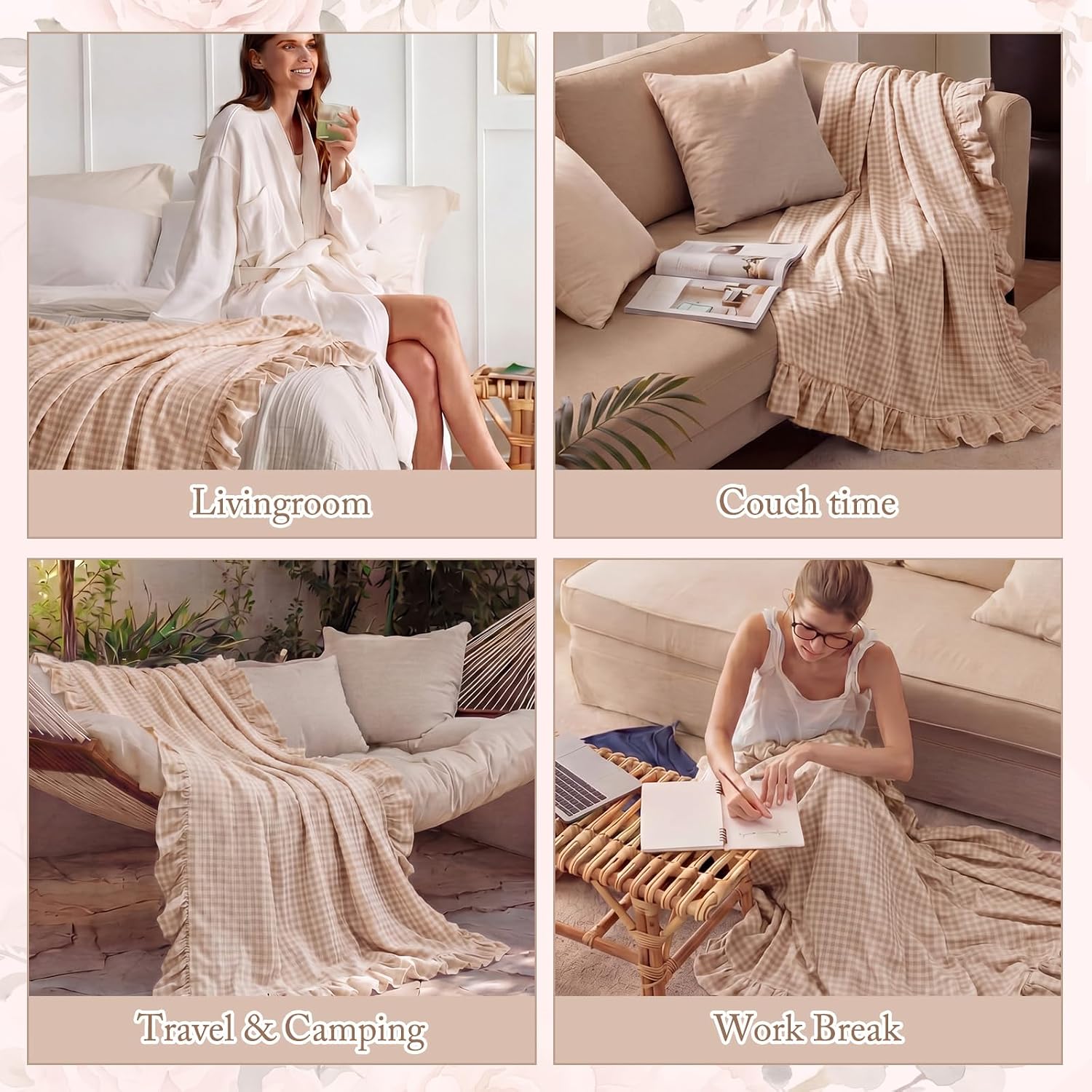 100% Cotton Taupe Gingham Muslin Throw Blanket 6 Layers Ruffled