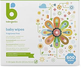 Baby Wipes, Babyganics Unscented Diaper Wipes, 800 Count, (10 Packs of 80), Non-Allergenic and formulated with Plant Deriv...