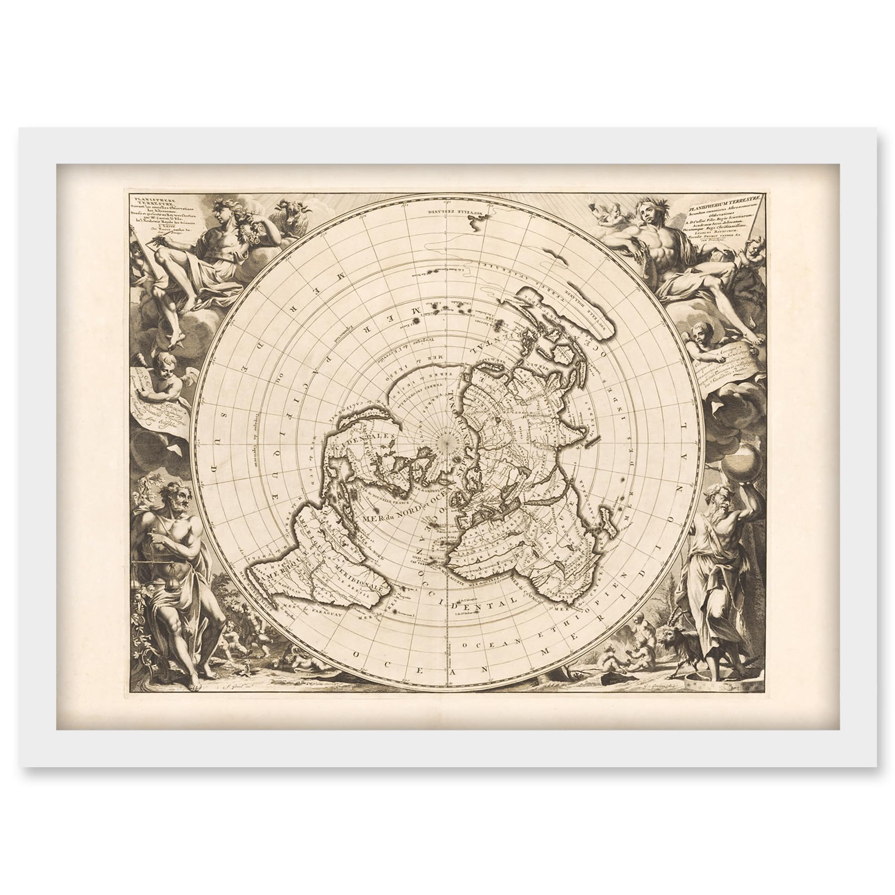 Artery8 Jacques Cassini Flat Earth Map 1713 Sepia Colour Terrestrial Planisphere According to Astronomers New Observations Decorative World Polar Projection Artwork Framed A3 Wall Art Print