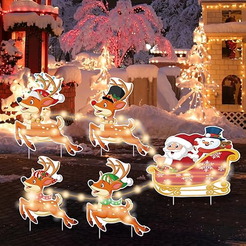 Miniatura 6 de Paquete de 5 carteles de Navidad para patio, decoración de estacas impermeables para exteriores, lindos renos, muñeco de nieve, tren, Papá Noel,