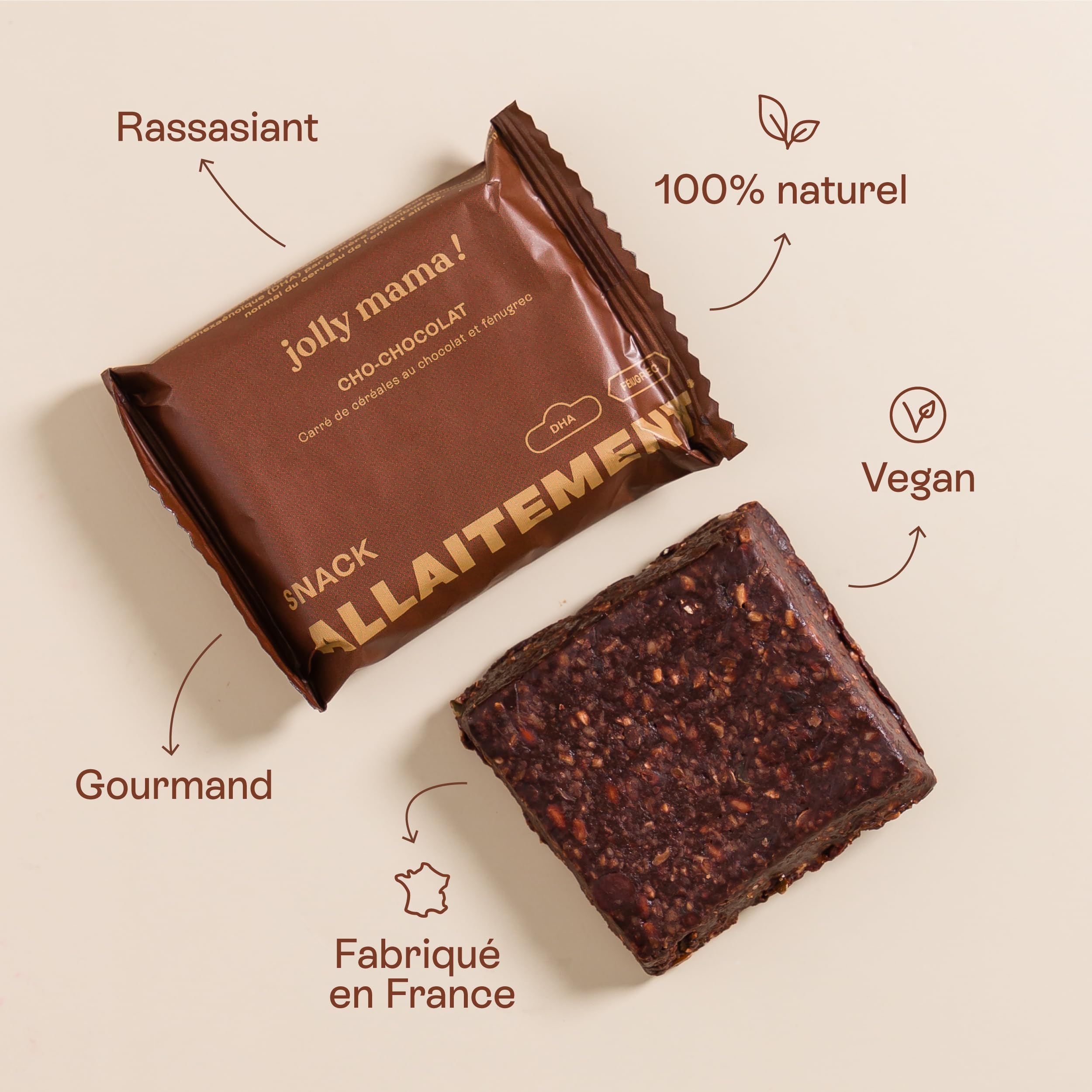 Jolly mama! Lot de 12 Barres Céréales Cho-Chocolat | Snack Boost Allaitement | Fénugrec et DHA Végétal | 100% Vegan et Naturel | Fabriqué en France