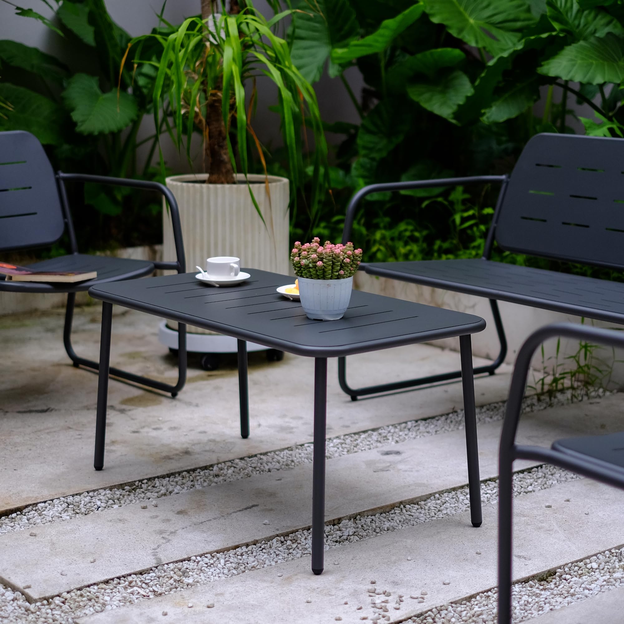 casa.pro Gartenmöbelset Andria Stahl 4-TLG. Anthrazitgrau Balkonmöbel Balkontisch mit Gartenbank und Gartenstühle Terassenmöbel Außen