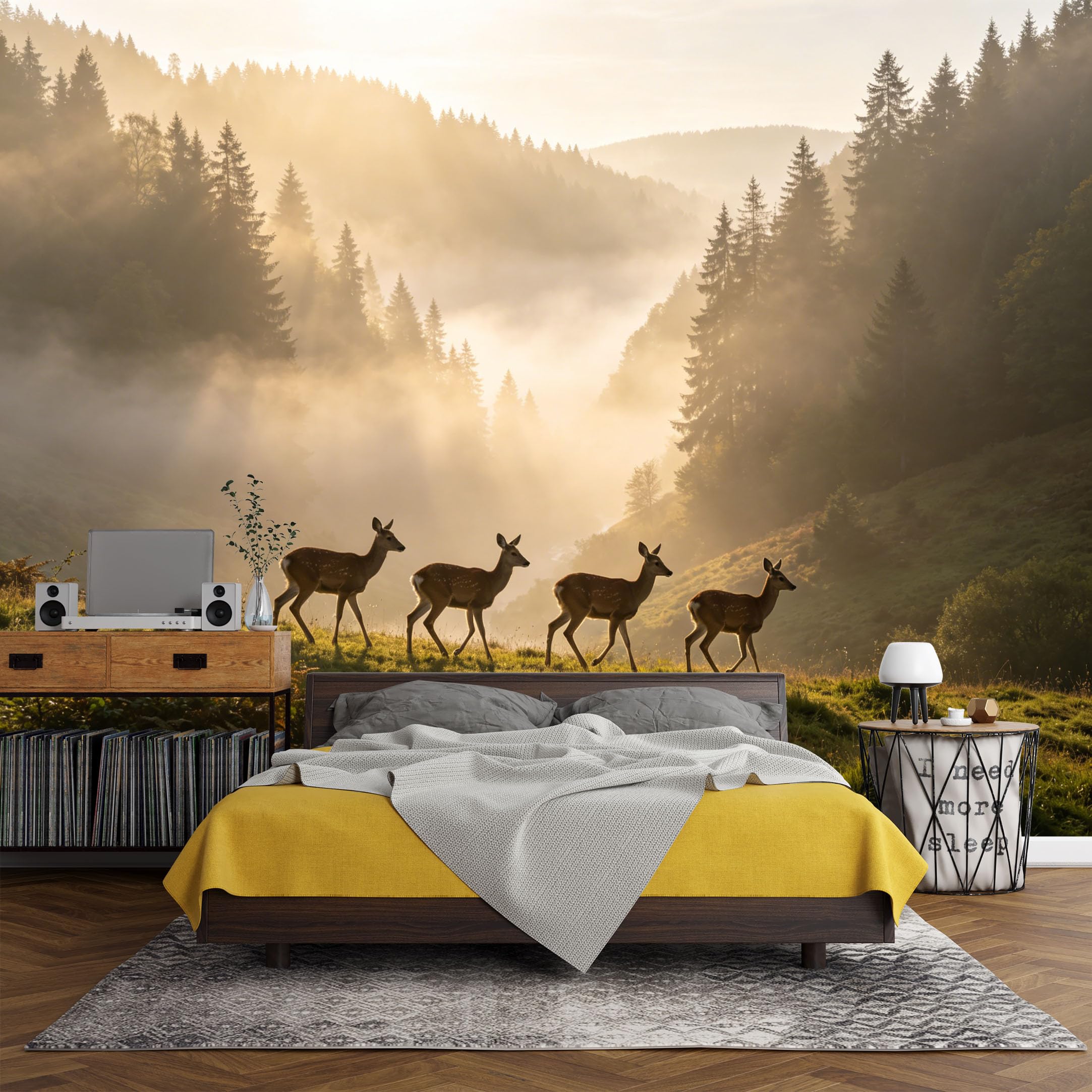 Custom Size Wall Mural， Forest Mist Deer Sunrise Landscape Nature Scenery，SelfAdhesive Art Prints wall Fabric(No PVC) Removable Wallpaper Living Room Decor