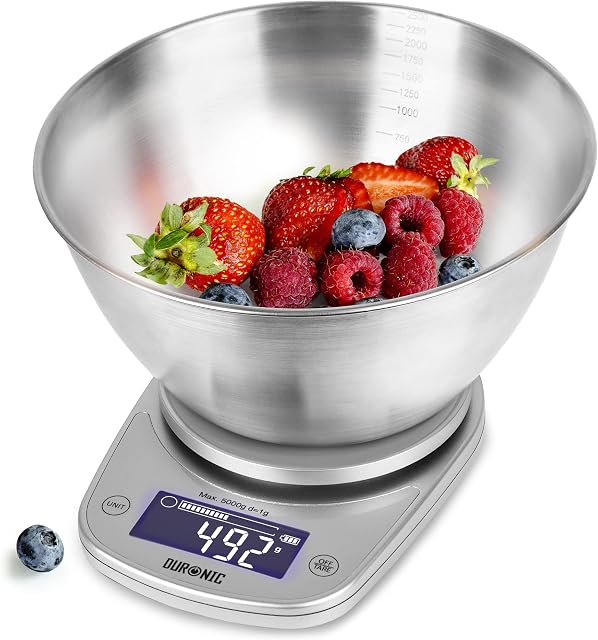 Duronic Kitchen Scales with Bowl KS5000 SR/SS, Postal Baking weighing scale, 2.5L Bowl, 5KG Capacity, Add & Weigh Tare, 1g Precision