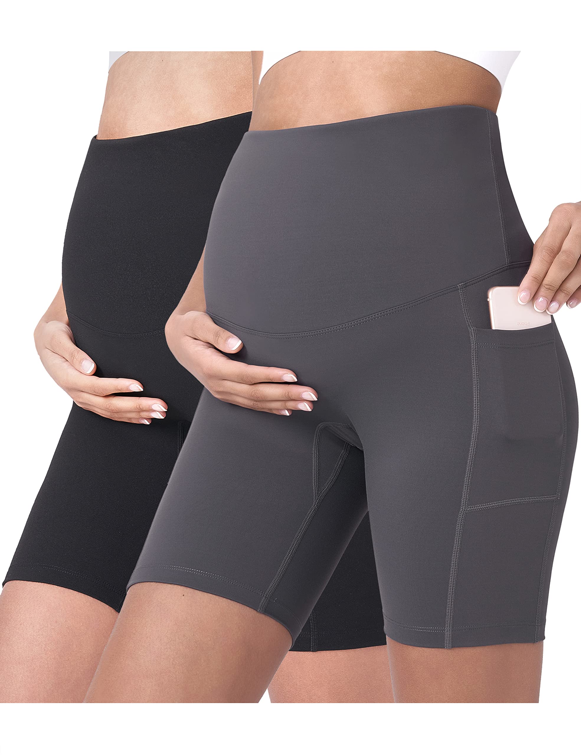 POSHDIVAHWomen's Maternity Yoga Shorts Over The Belly Bump Summer Workout Running Active Short Pants with Pockets 5"/8"