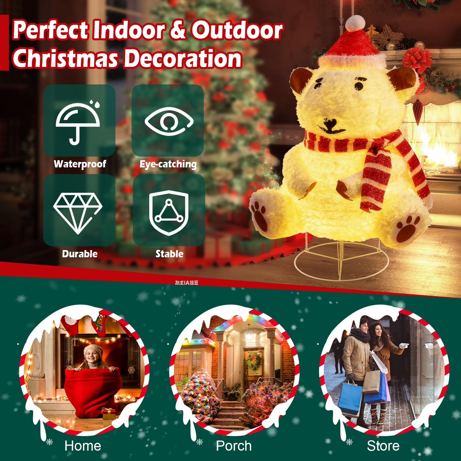 Mini LED Eisbär 85cm Weihnachtsdeko,Beleuchtete Weihnachtsdekorationen Zusammenfaltbar mit 60 LED-Lichter,Decorations für Innen und Außen Gartendekoration Yard Holiday Décor (33inch) (Eisbär)
