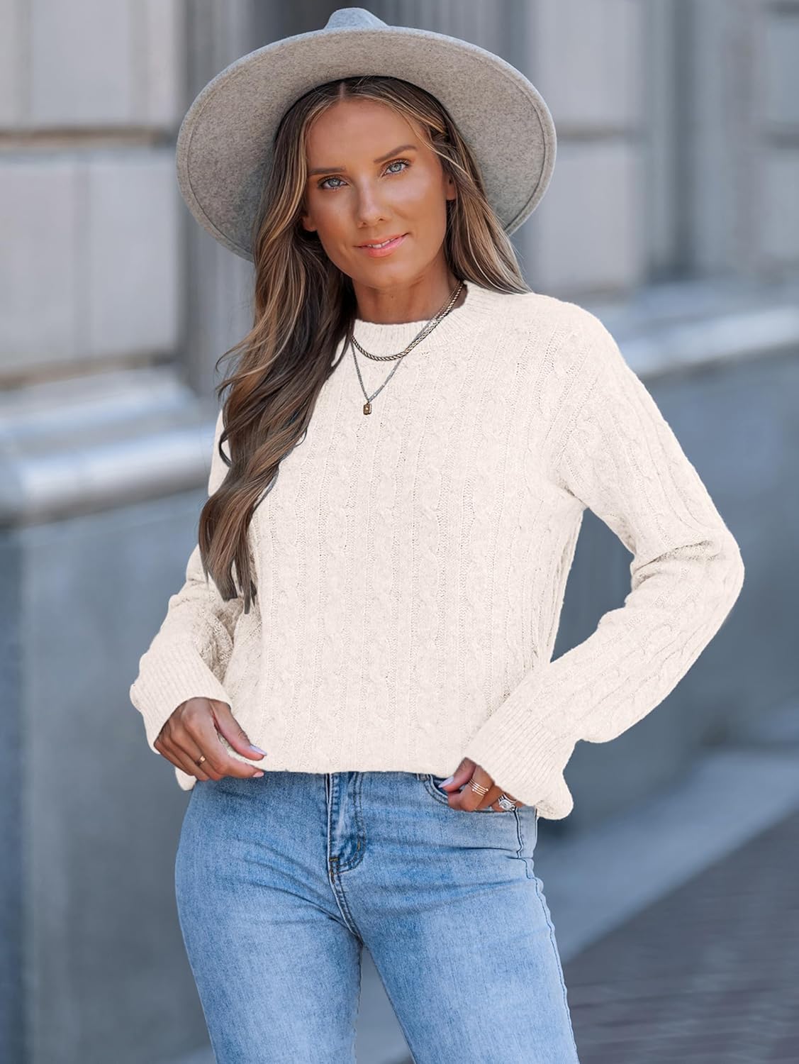 DancingYarns Womens Cable Knit Sweaters for Women Fall Winter 2025 Trendy Ladies Casual Business Outfits Cute Soft Sweater Classic Crew Neck Long Sleeve Pullover Tops Off-White M - Image 2