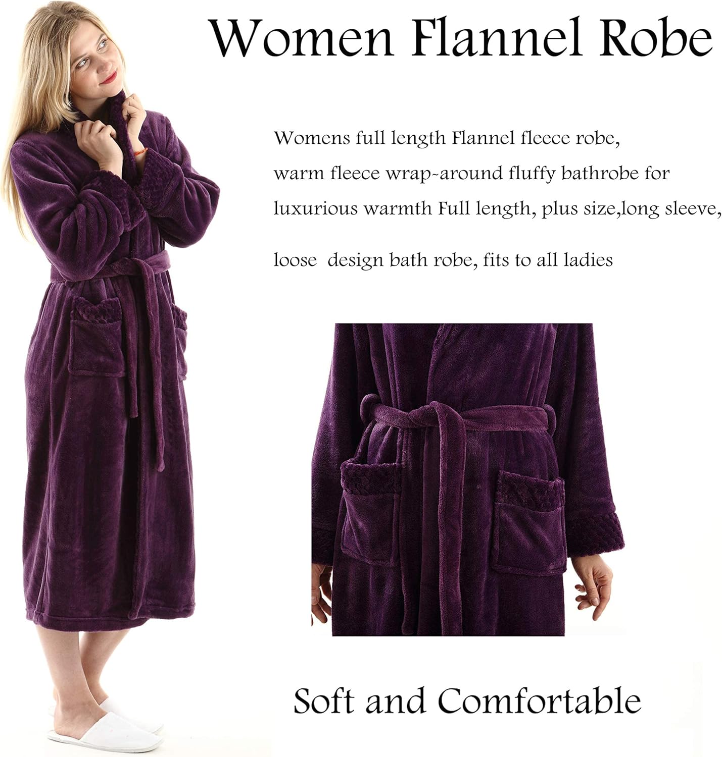 Oksun Womens Plush Fleece Long Robe: Flannel Warm Bathrobe - Full Length Winter Housecoat - Soft Cozy Nightgown Sleepwear - Image 3