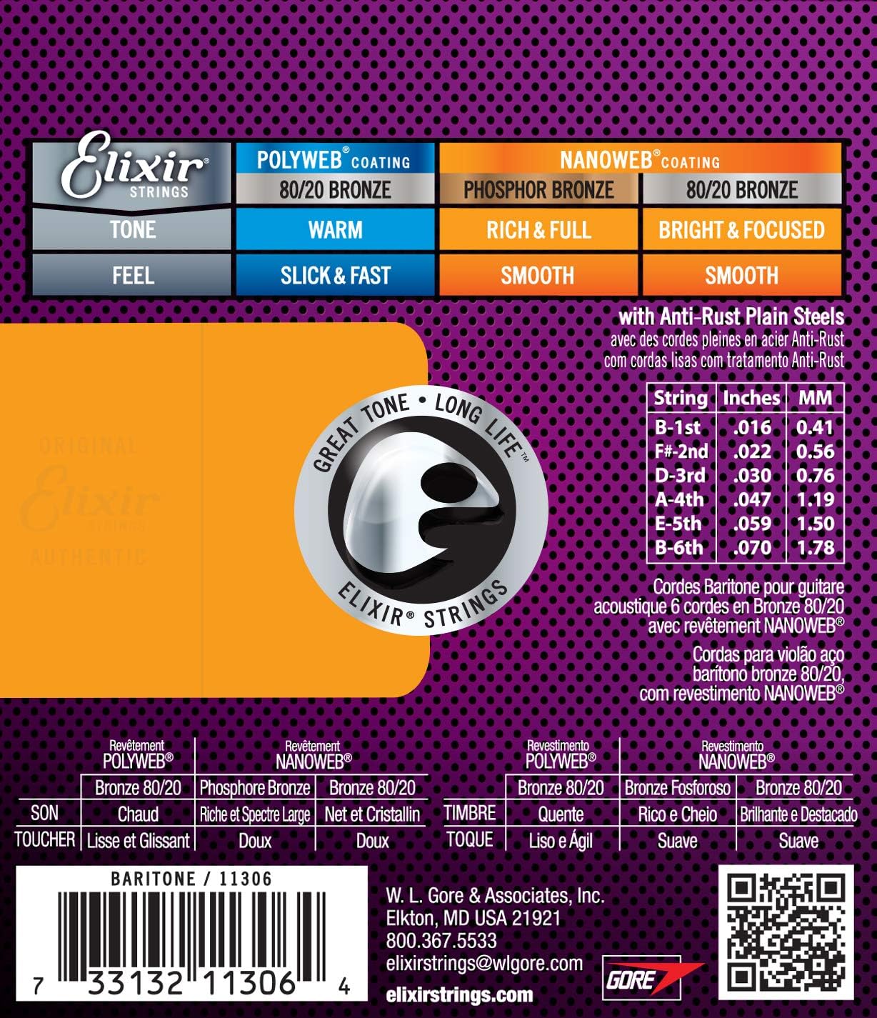Elixir Strings 80/20 Bronze Acoustic Guitar Strings w NANOWEB Coating, Baritone (.016-.070), 6-String Baritone (16-70) - Image 3