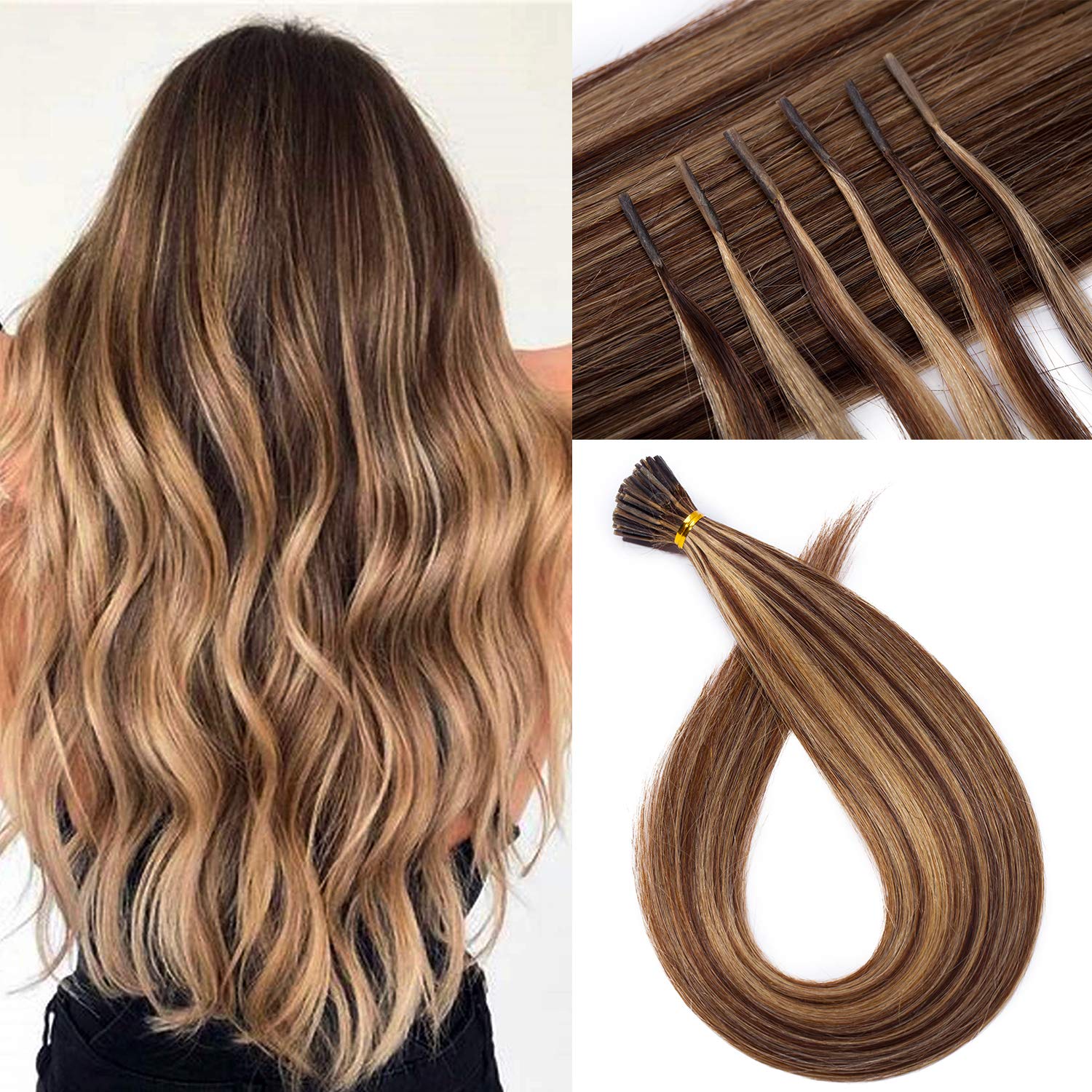 (41cm , 4/27 Medium Brown/Dark Blonde) - S-noilite 41cm Pre Bonded I Tip Human Hair Extensions 100 Strands Full Head Cold Fusion Extensions 0.5g/s 50grams/Package Soft Straight Keratin Hair Extensi...