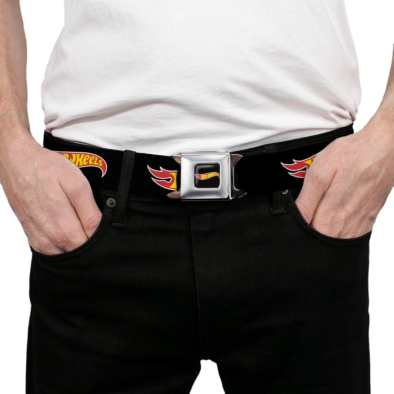 Mattel Belt, Seatbelt Buckle Belt, Hot Wheels Classic Flame Logo Black Red Yellow, Adjustable