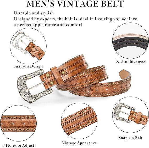 Cintura Western Marrone Scuro, Cintura Di Mucca Lavorata A Mano, Cintura In Pelle Con Set Di Fibbie Con Incisione Floreale In Bronzo Antico - Italia - Foto 5