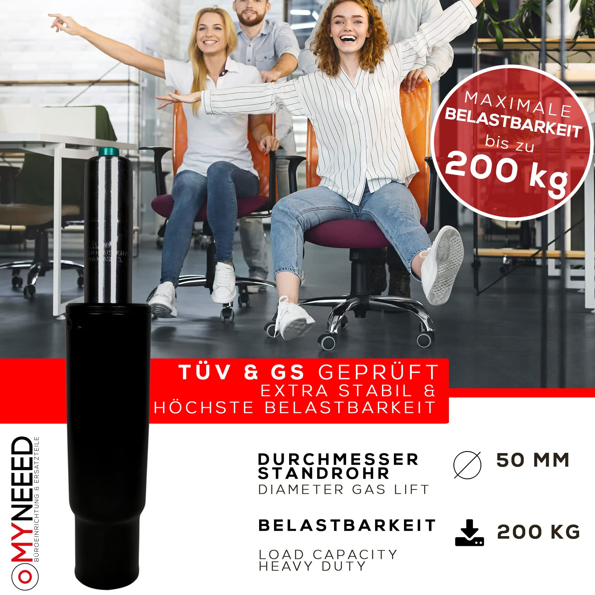 MYNEEED Compacte vervangende gasveer voor bureaustoel, gasveer tot 200 kg, traploos in hoogte verstelbaar, TÜV- en GS-getest, gasveer, lengte 250 mm