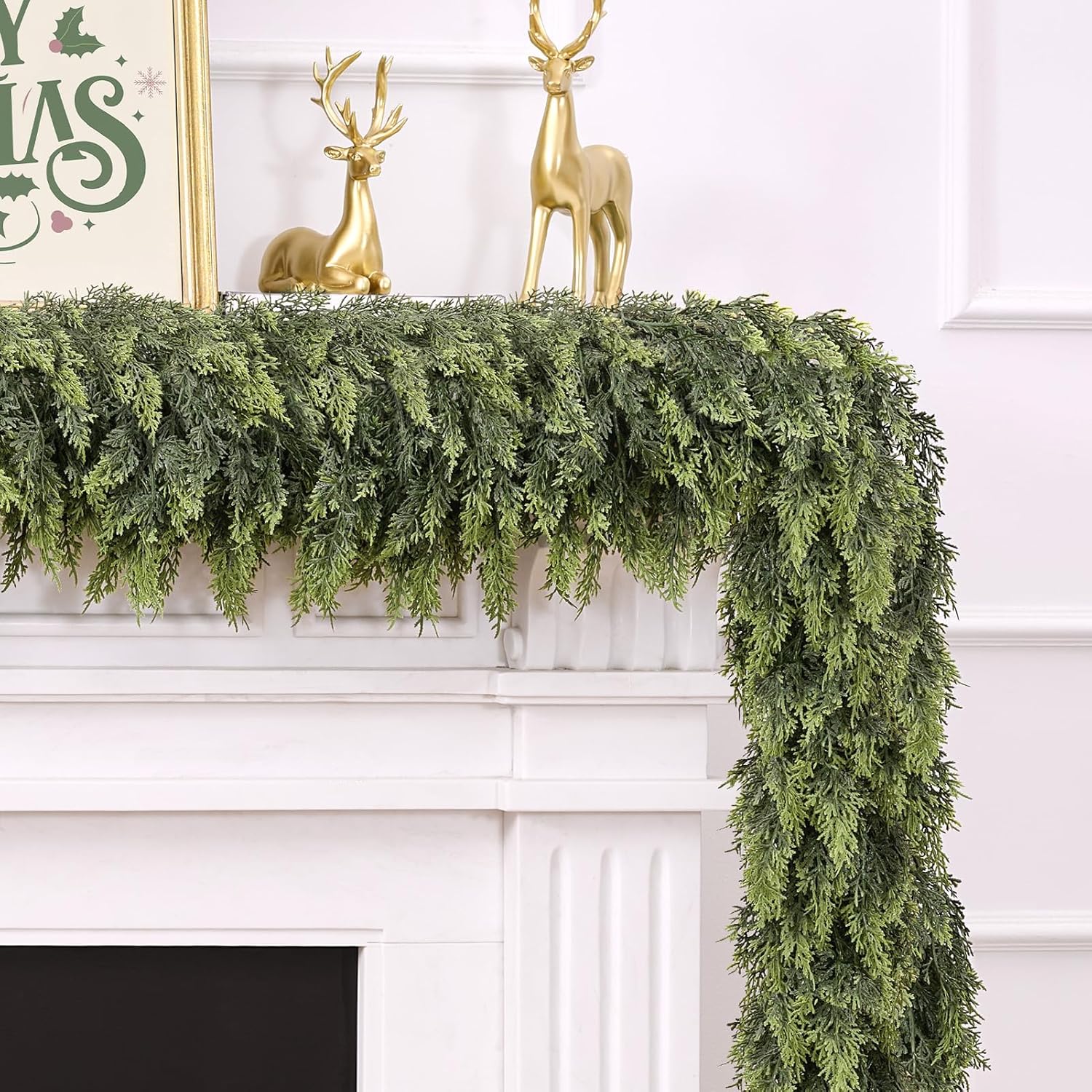 9FT Christmas Cedar Garland for Mantle,Realistic Faux Greenery Garland,Soft and Thickness Artificial Pine Garlands for Christmas Mantel Table Outdoor Indoor Xmas Holiday Seasonal Decor 1 9FT