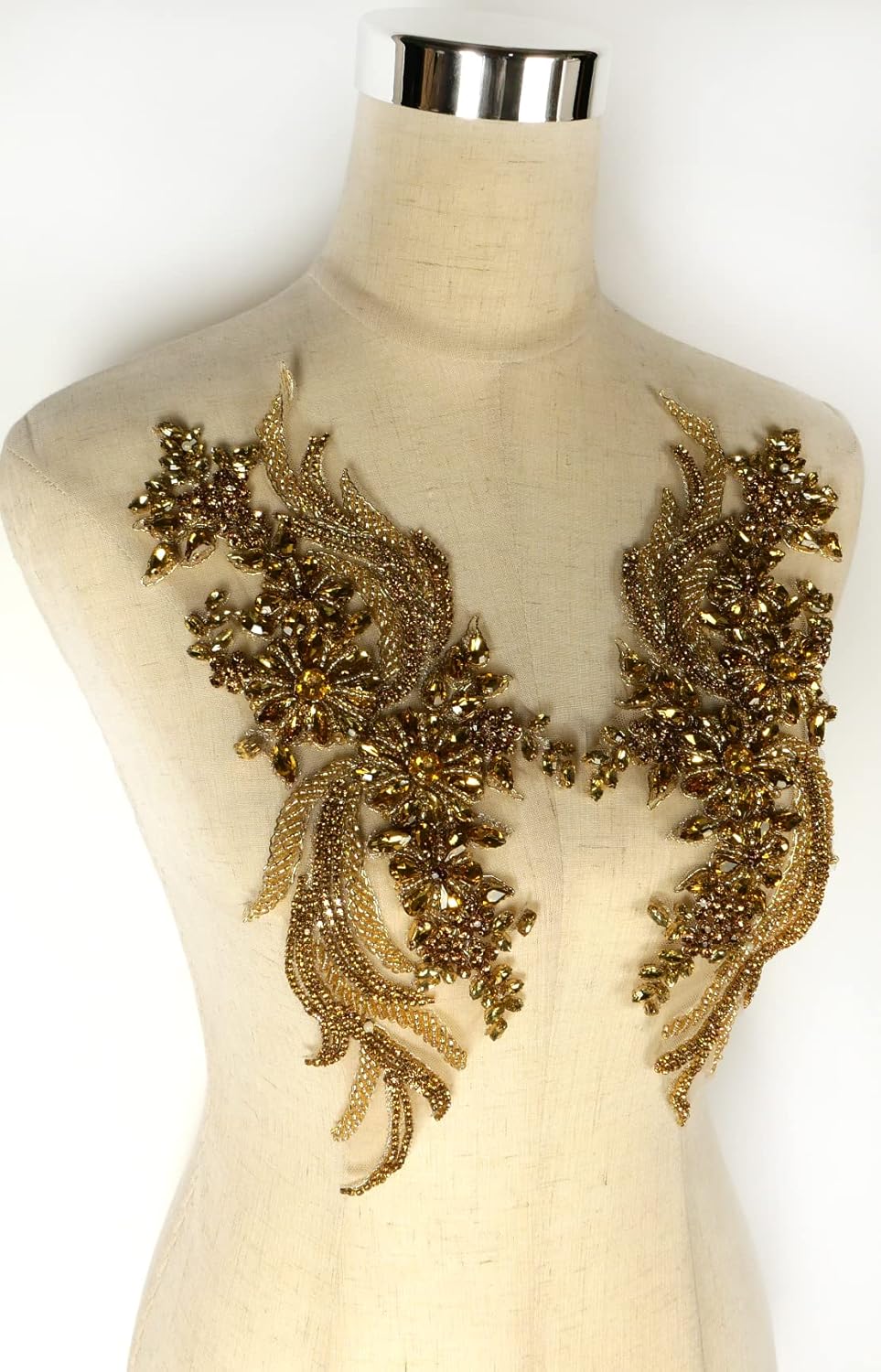 1 Pair Hand-Made Beaded Rhinestons DIY Clothing Appliques Patch,14.5" *4.8" Wedding Dress Decoration,Gold Flower Applique by Pair