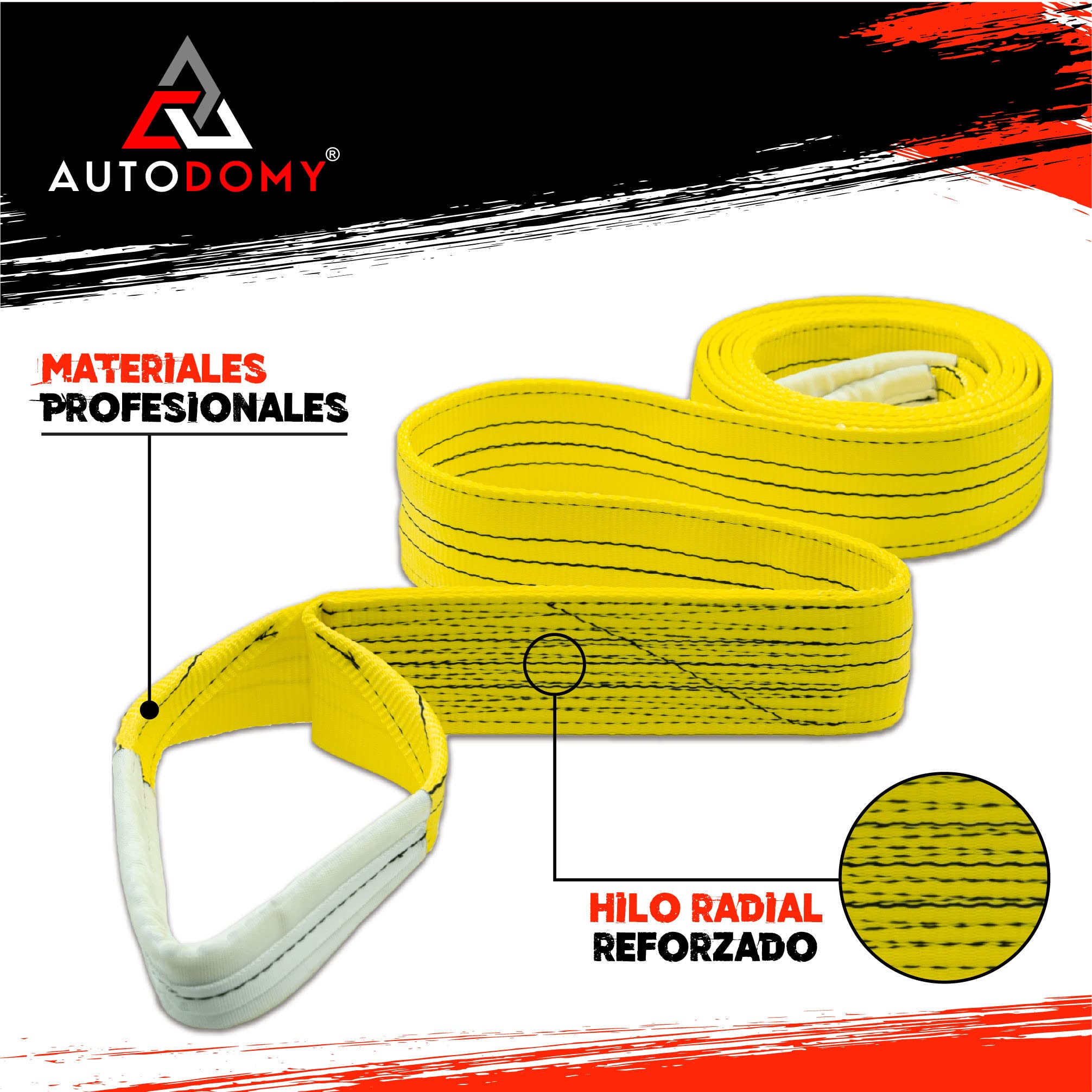 Autodomy Eslingas 4x4 Rescate 3 Metros | Resistencia a la Rotura 21 Ton (21.000Kg) | Eslingas de Arrastre con Costura Reforzada | Cuerda Rescate Coche, Furgoneta, Camión | Cuerda Remolcar Coche