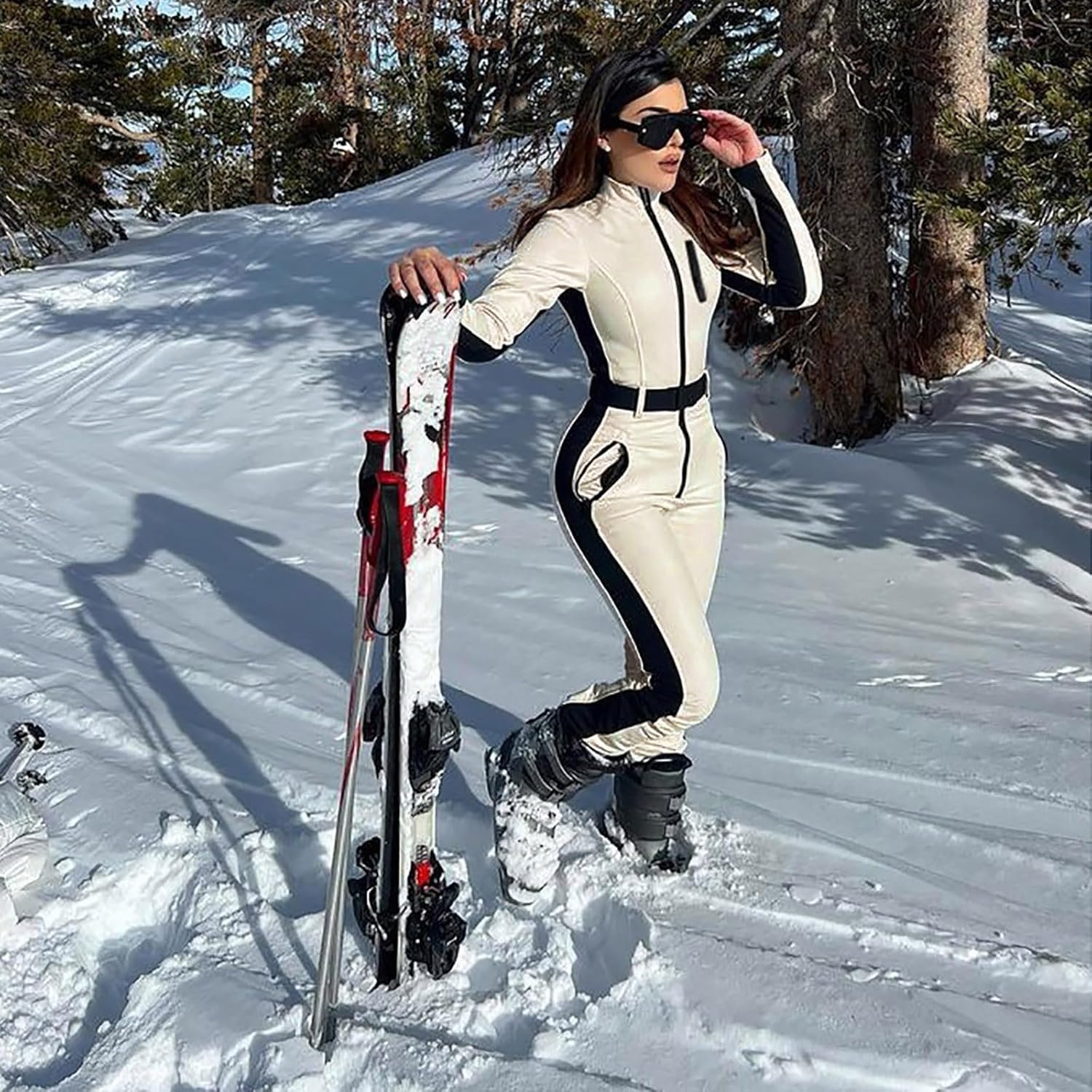JOFOW Ski Suit 2 Piece Set for Women Slim Fit Insulated Waterproof Windproof Outdoor Sports Jumpsuit