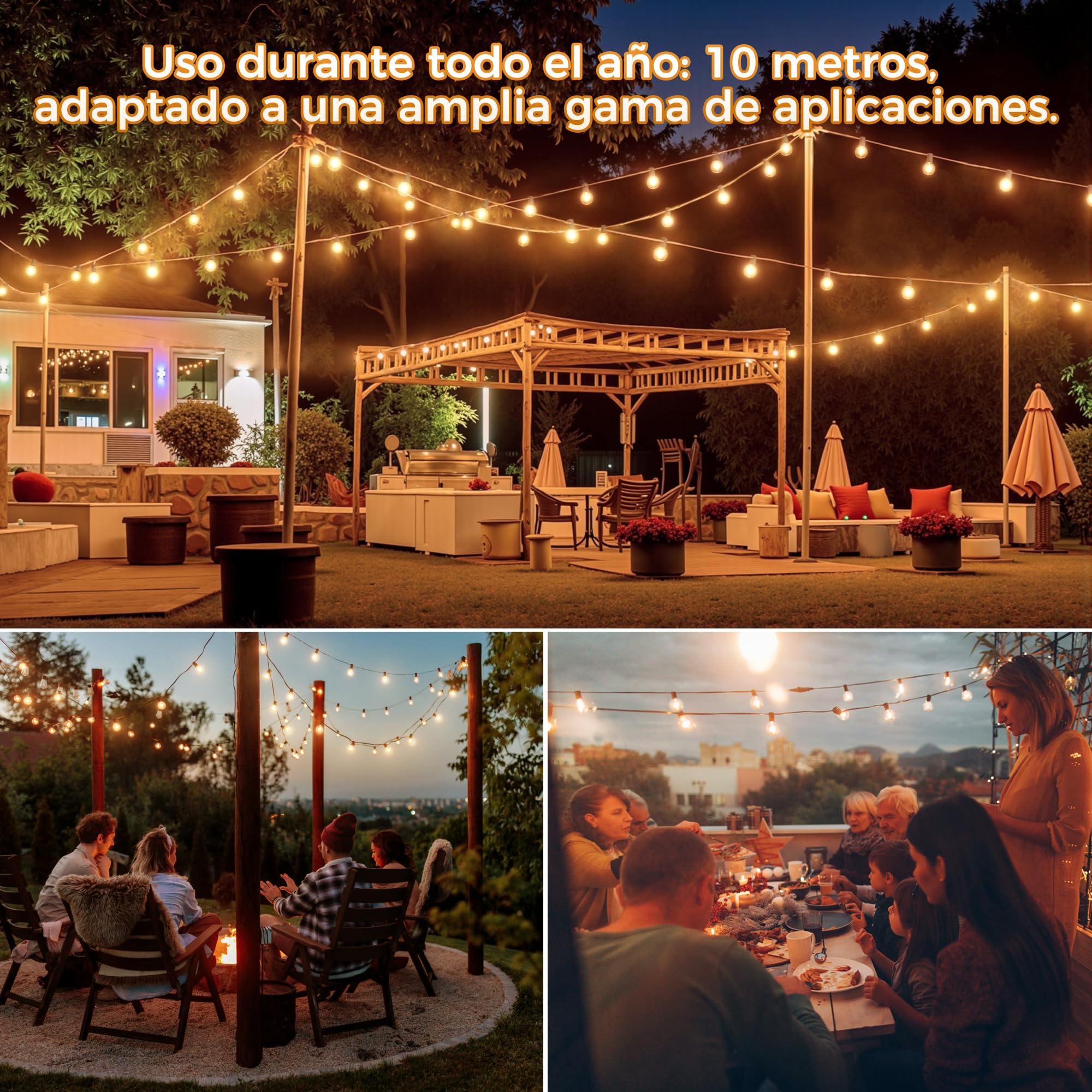 HeiPard Cadena luminosa exterior de 10 m, 15 luces LED para exteriores y jardines, cálidas, ajustables con mando a distancia, 3 modos + temporizador, IP45, impermeable para jardín, Navidad, bod