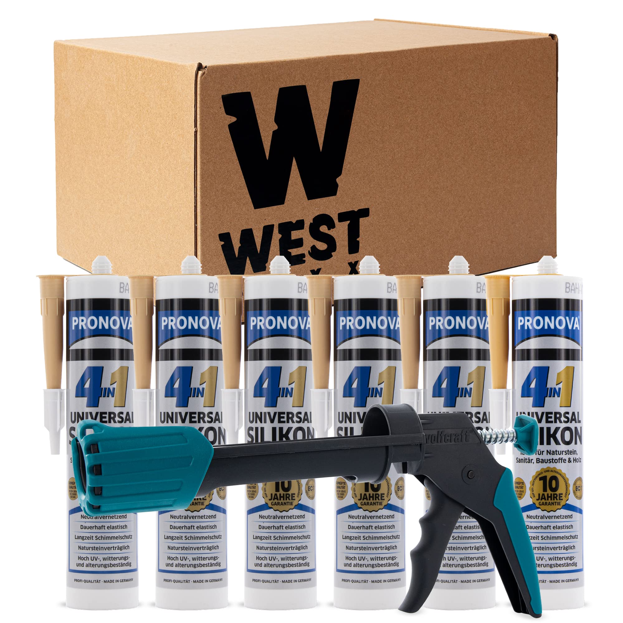 Set aus 6x 4 in 1 Universal Silikon in Bahamabeige und Kartuschenpistole, Universalsilikon ideal für Sanitär, Naturstein & Holz für außen und innen