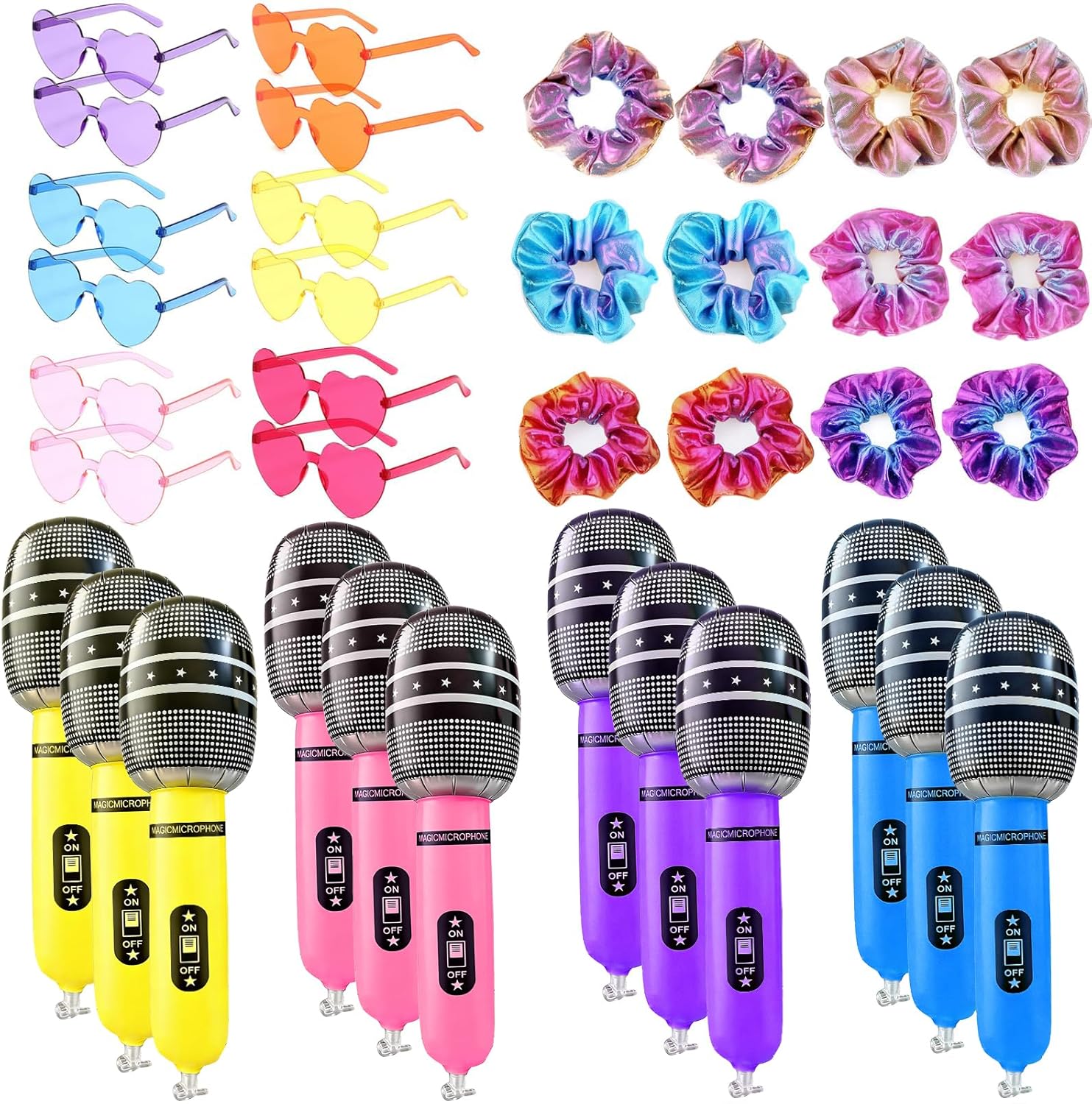 36pcs K-pop Party Favors, Kpop Party Supplies Set Includes 12Inflatable 12 Microphones Heart Sunglasses and 12Holographic Scrunchie, 80s 90s Cosplay Disco Stage Decoration Supplies
