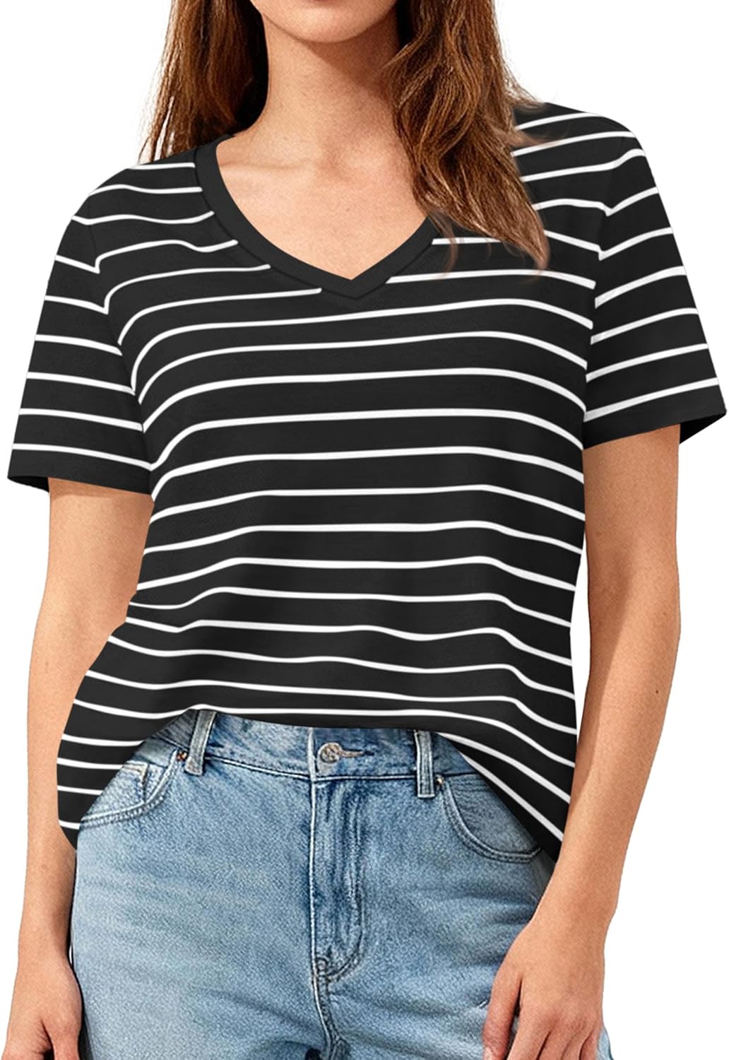 PRETTYGARDEN Short Sleeve Shirts for Women 2026 Spring V Neck Cute Tops Casual Striped Shirt Knitted Tees Summer Outfits