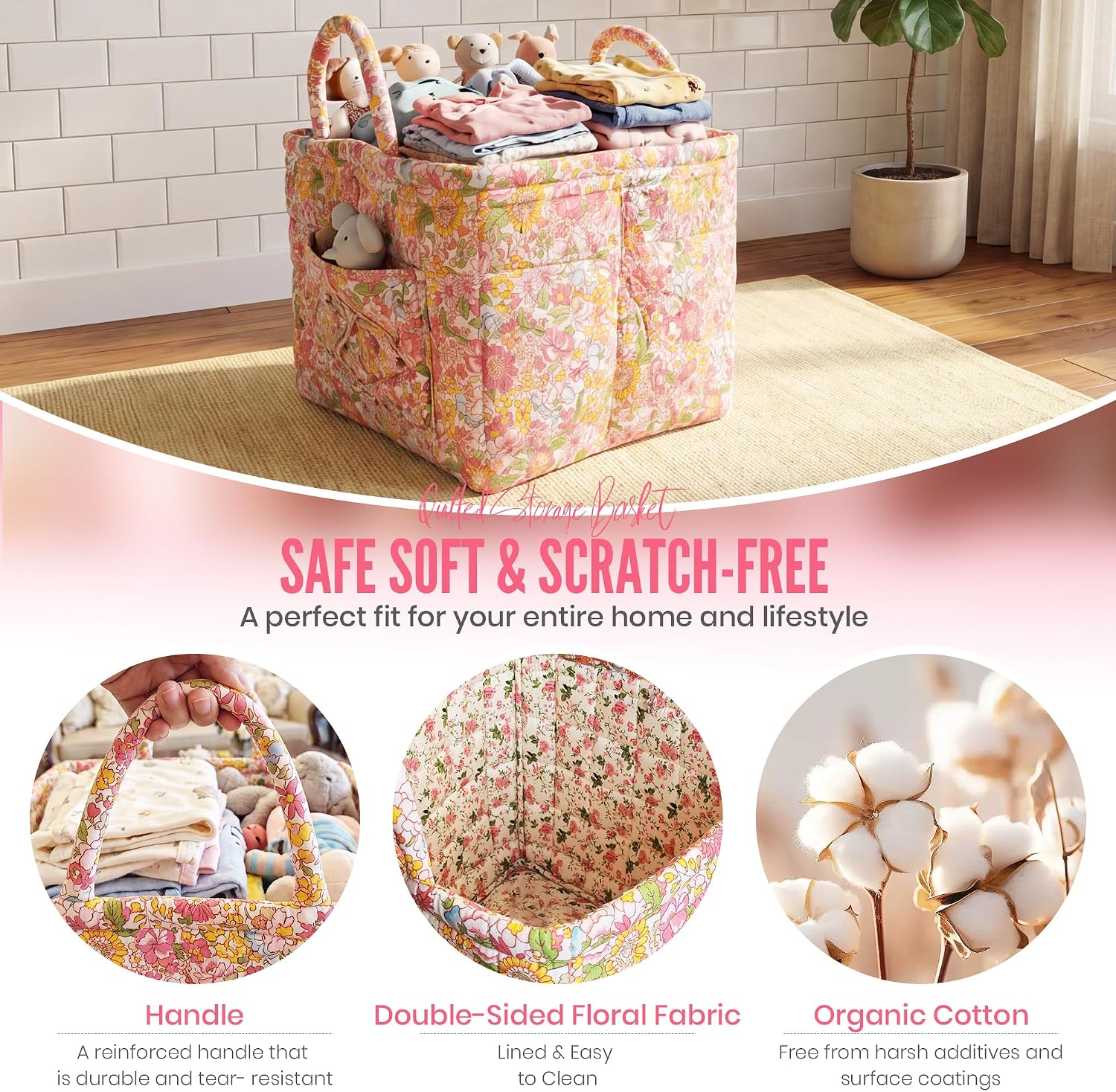 Quilted Laundry Basket with Handles,1.2cm Thick Padded Fabric Car Storage Basket for Organizing Clothes, Boho Floral Collapsible Home Storage Hamper, 13x10x10.6 Inches (4 Color Options)