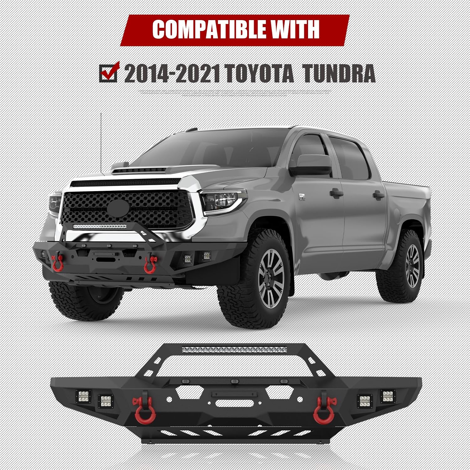 Tundra Front Bumper Compatible with 2014 2015 2016 2017 2018 2019 2020 2021 Toyota Tundra, Full Width Pickup Truck Bumper w/Winch Plate & 100W LED Light Bar & 4 x 39W LED Lights & 2 x 4.75T D-Rings