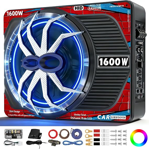 1600W Slim Underseat Car Subwoofer and Amp Package, Powered Under Seat Subwoofer with Built-in Class D Amp, Subsonic Deep Bass, High Excursion, Cast Aluminum, for Truck/SUV/Car Audio System