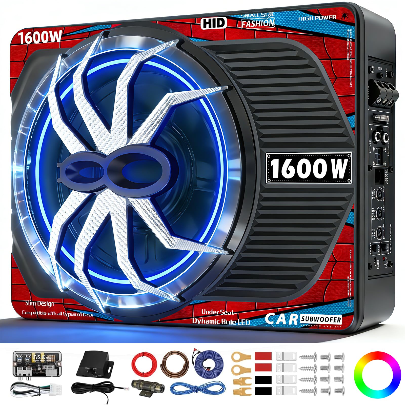 SUBPULSIX 1600W Slim Underseat Car Subwoofer and Amp Package, Powered Under Seat Subwoofer with Built-in Class D Amp, Subsonic Deep Bass, High Excursion, Cast Aluminum, for Truck/SUV/Car Audio System