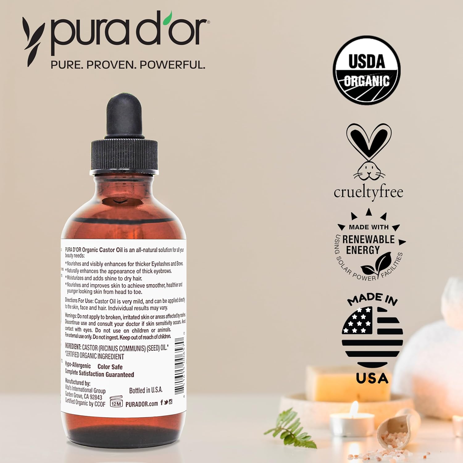 PURA D'OR 4 Oz Organic Castor Oil – Pure Cold-Pressed, Hexane-Free, USDA Certified – Lashes, Brows, Hair, Scalp, Skin – Botanical Moisturizer Supporting Softness, Strength, Hydration, Shine & Radiance - Image 6